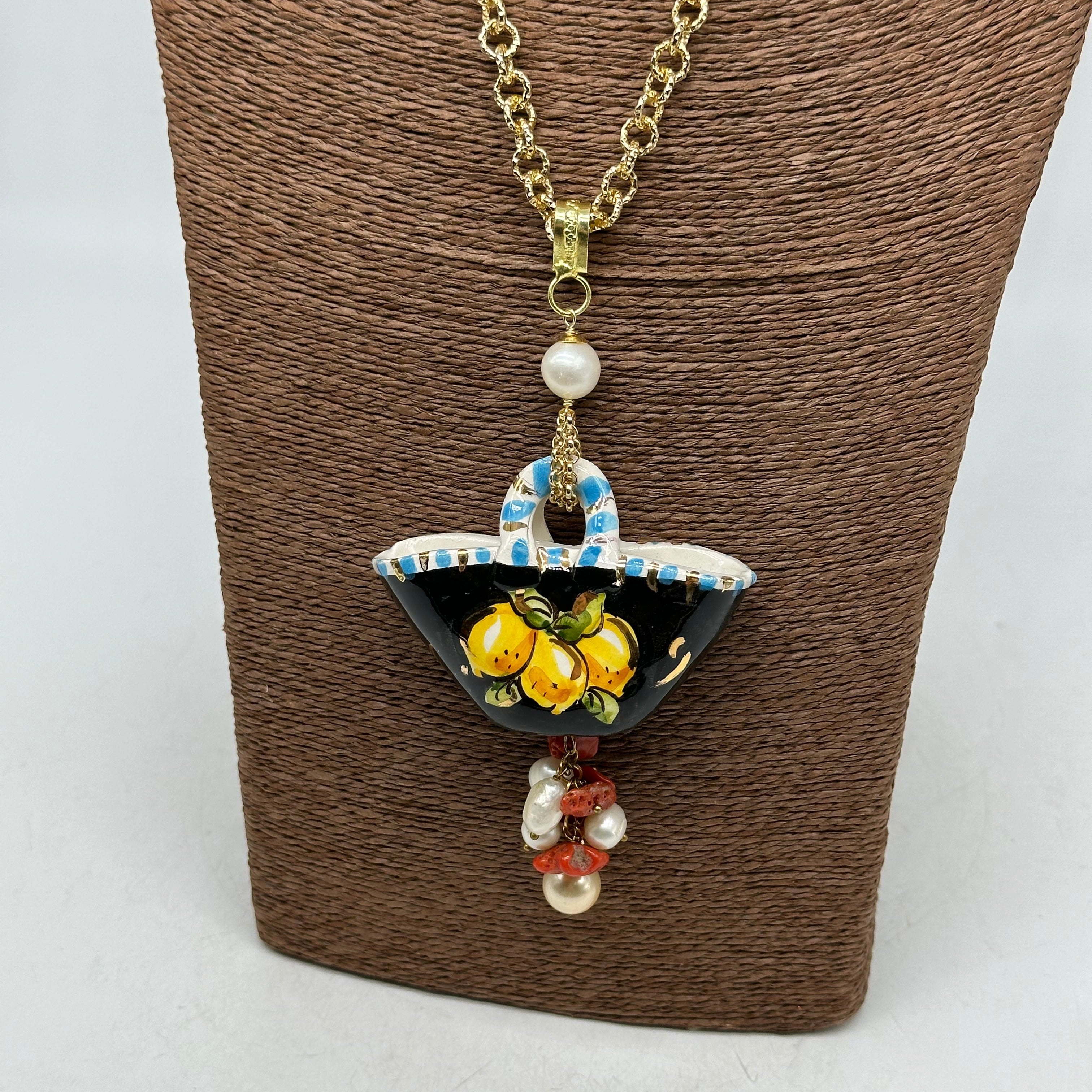 Collana Coffa Siciliana decorata Nero Ceramica di Caltagirone V.2 - COLLANA