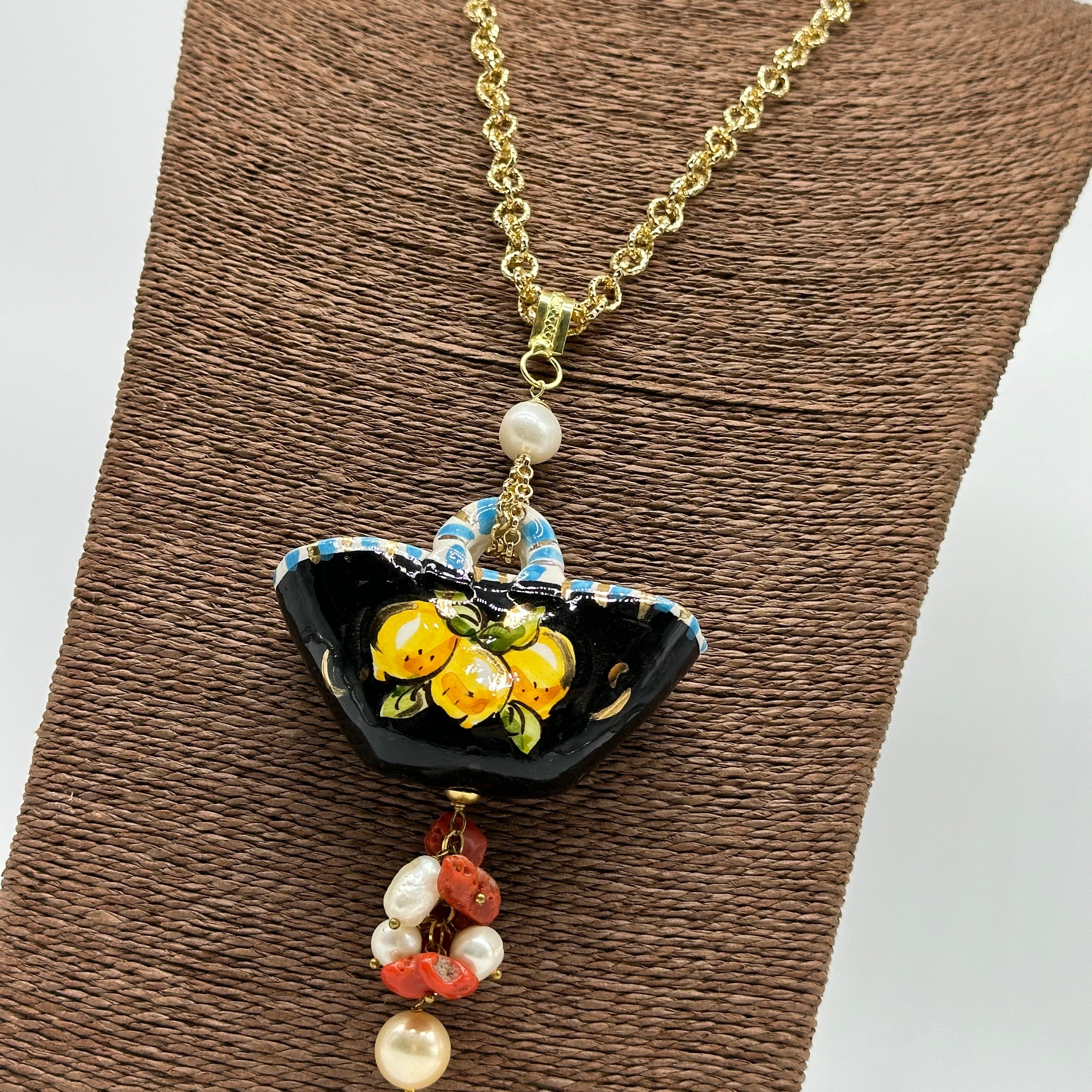 Collana Coffa Siciliana decorata Nero Ceramica di Caltagirone V.2 - COLLANA