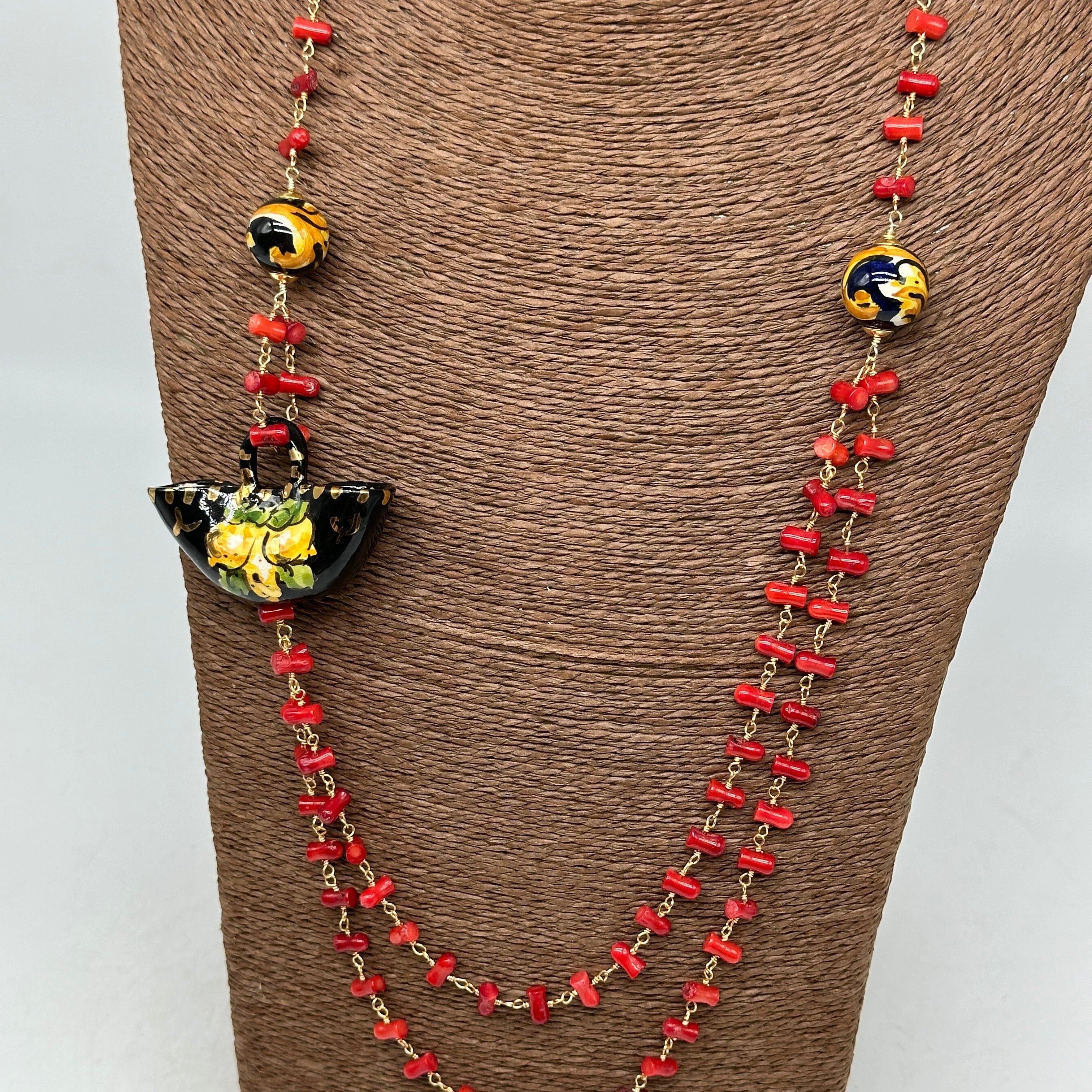 Collana Coffa Siciliana decorata Nero Ceramica di Caltagirone - COLLANA