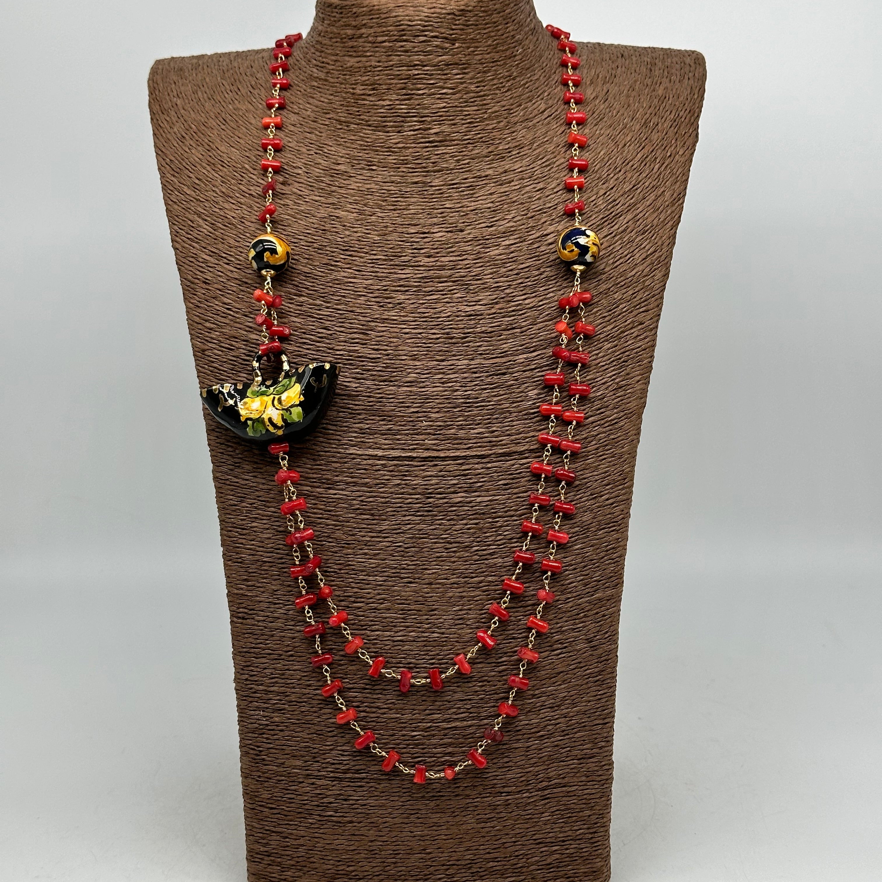 Collana Coffa Siciliana decorata Nero Ceramica di Caltagirone - COLLANA