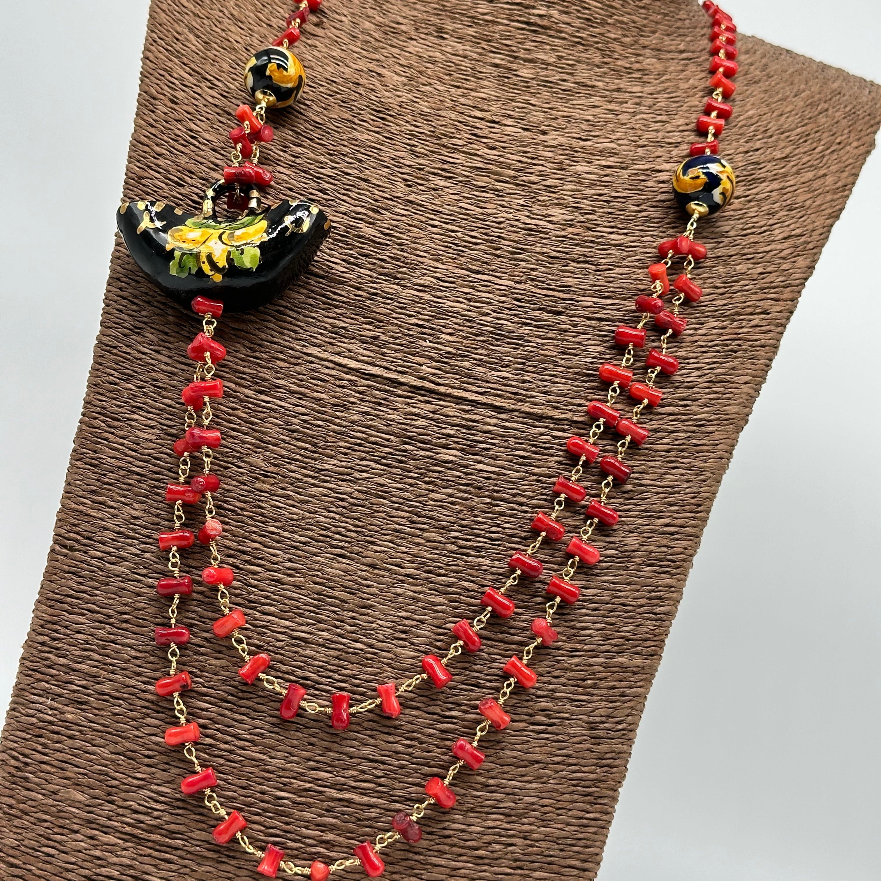 Collana Coffa Siciliana decorata Nero Ceramica di Caltagirone - COLLANA