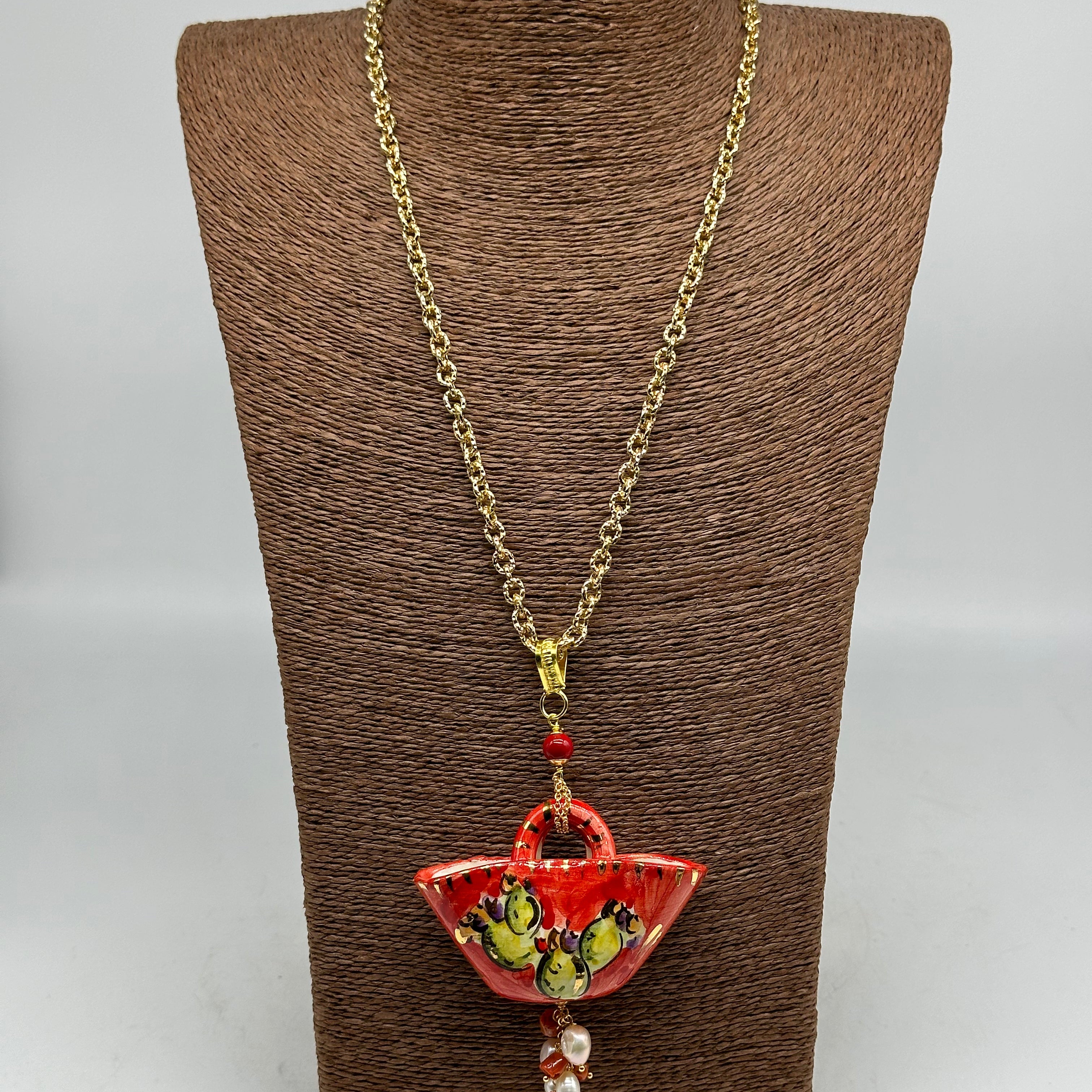 Collana Coffa Siciliana decorata Pale Fichi d’India Ceramica di Caltagirone BIJOUX