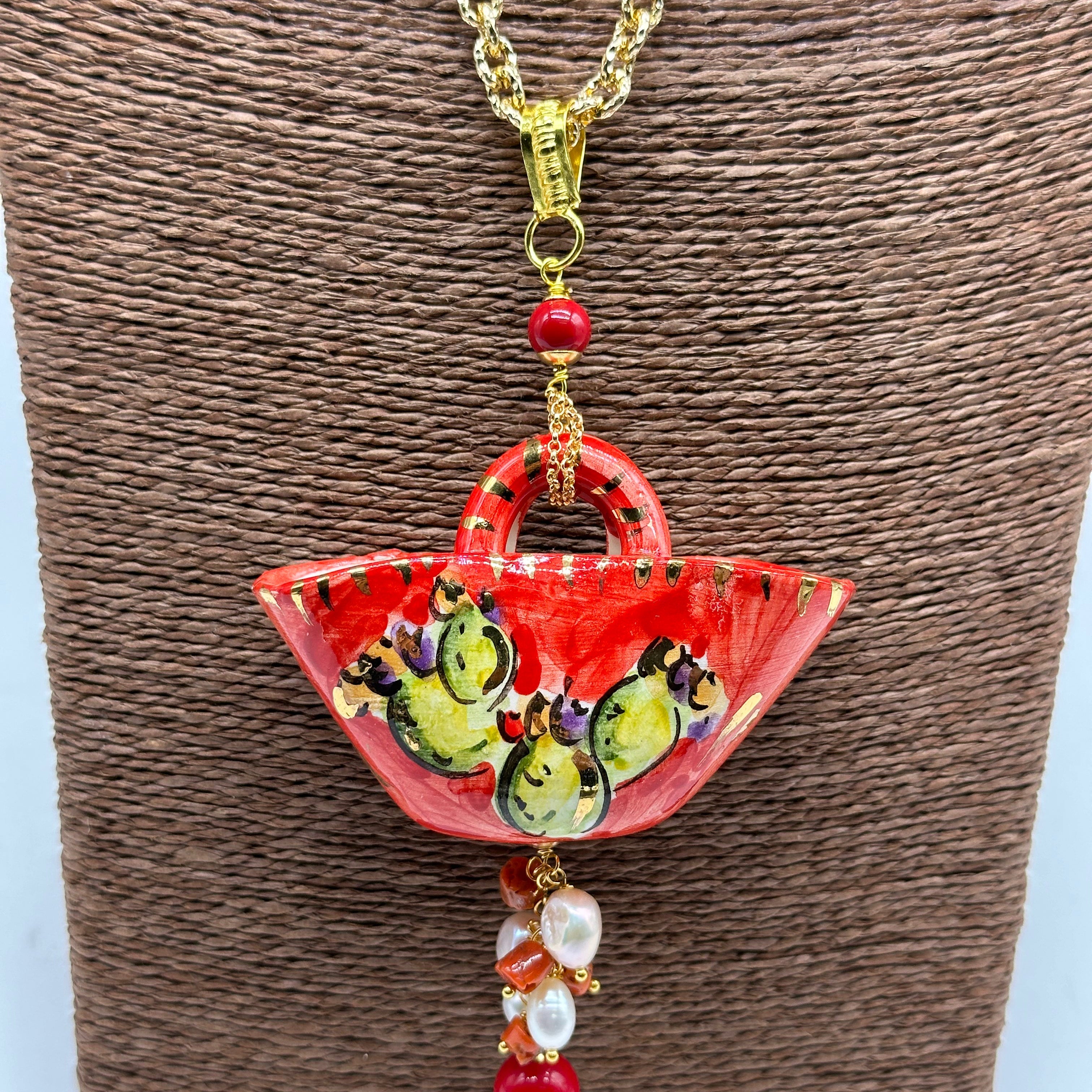 Collana Coffa Siciliana decorata Pale Fichi d’India Ceramica di Caltagirone BIJOUX