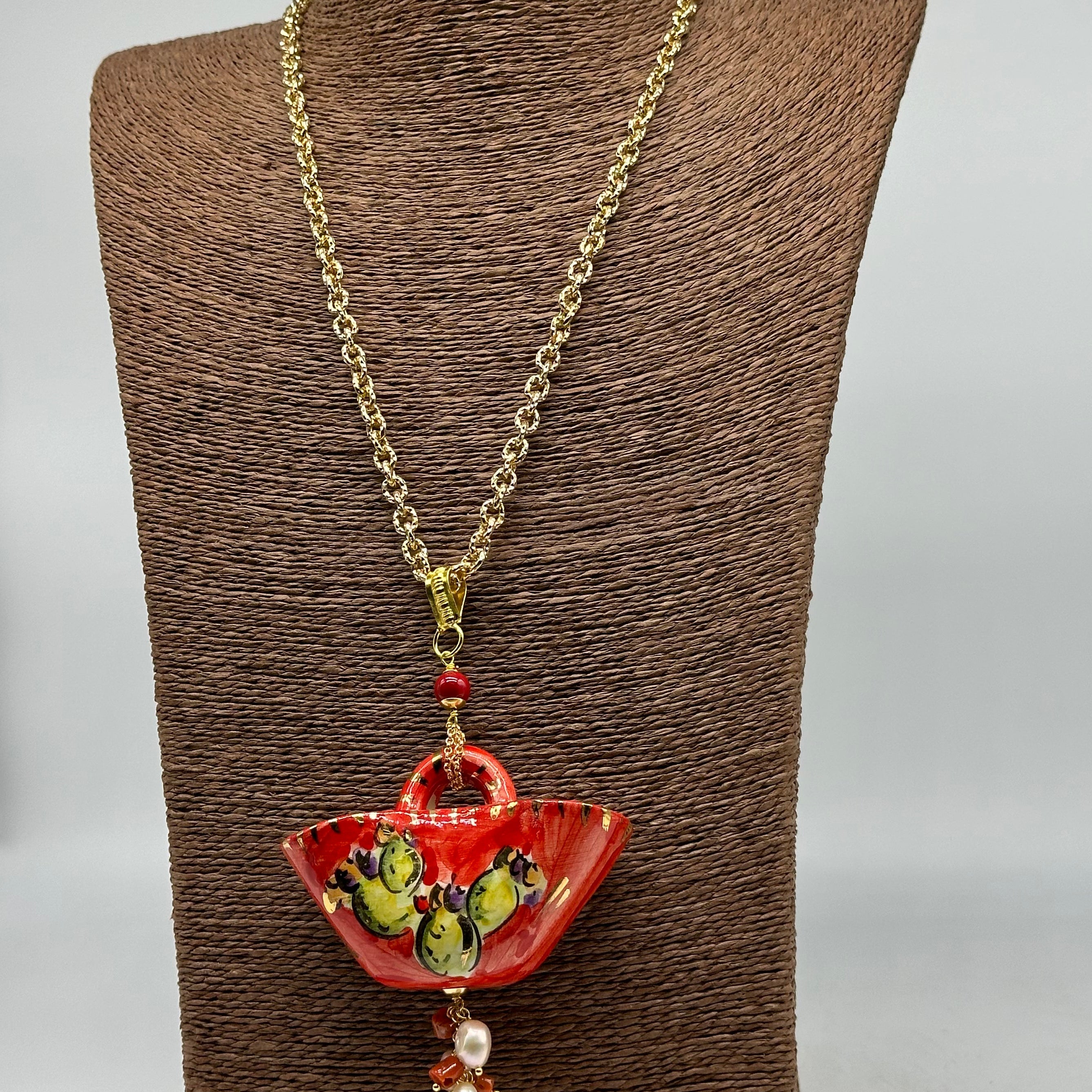 Collana Coffa Siciliana decorata Pale Fichi d’India Ceramica di Caltagirone BIJOUX