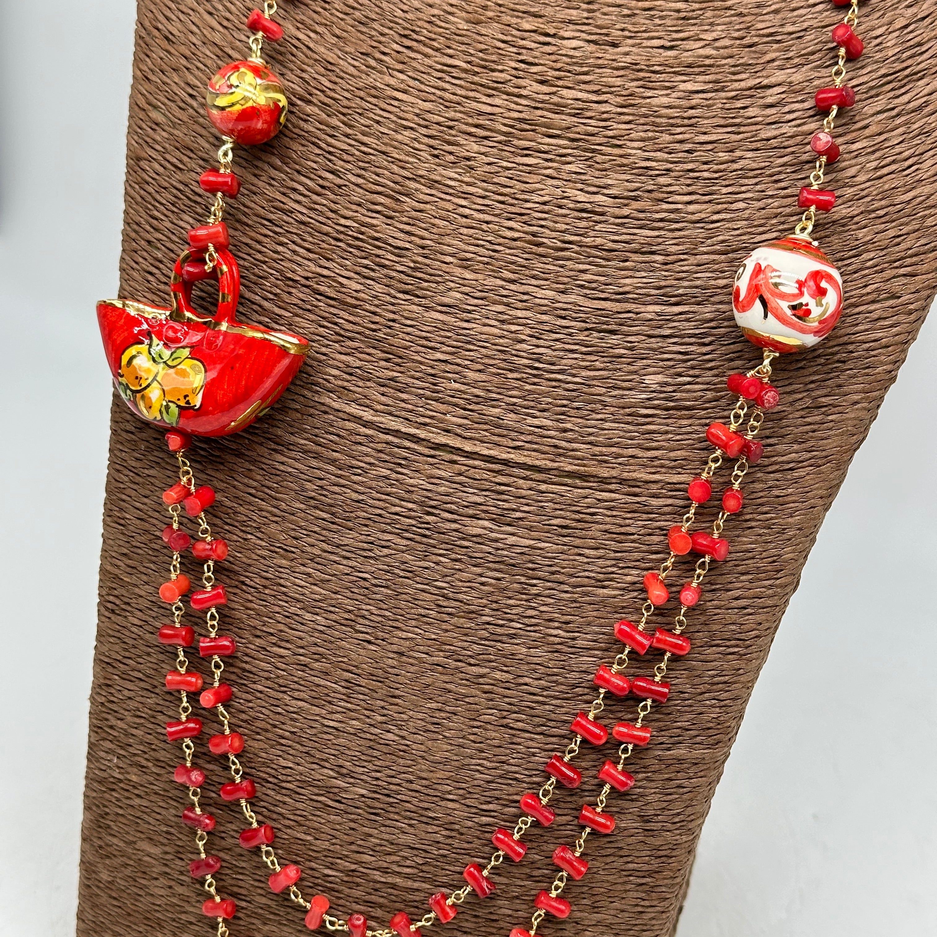 Collana Coffa Siciliana decorata Rosso Ceramica di Caltagirone - COLLANA