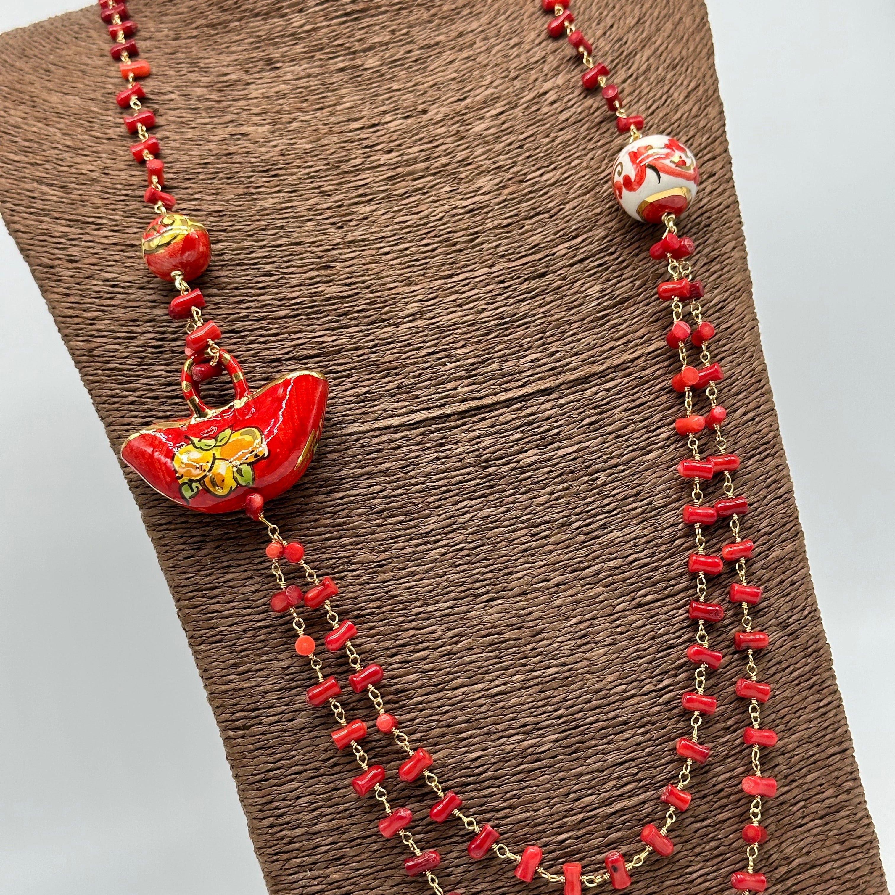 Collana Coffa Siciliana decorata Rosso Ceramica di Caltagirone - COLLANA