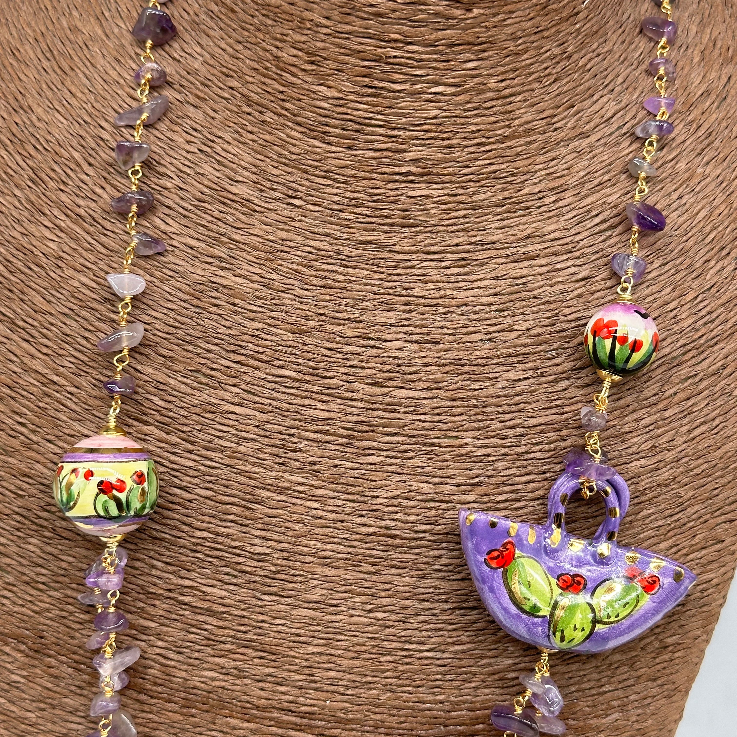 Collana Coffa Siciliana decorata Viola Ceramica di Caltagirone - COLLANA