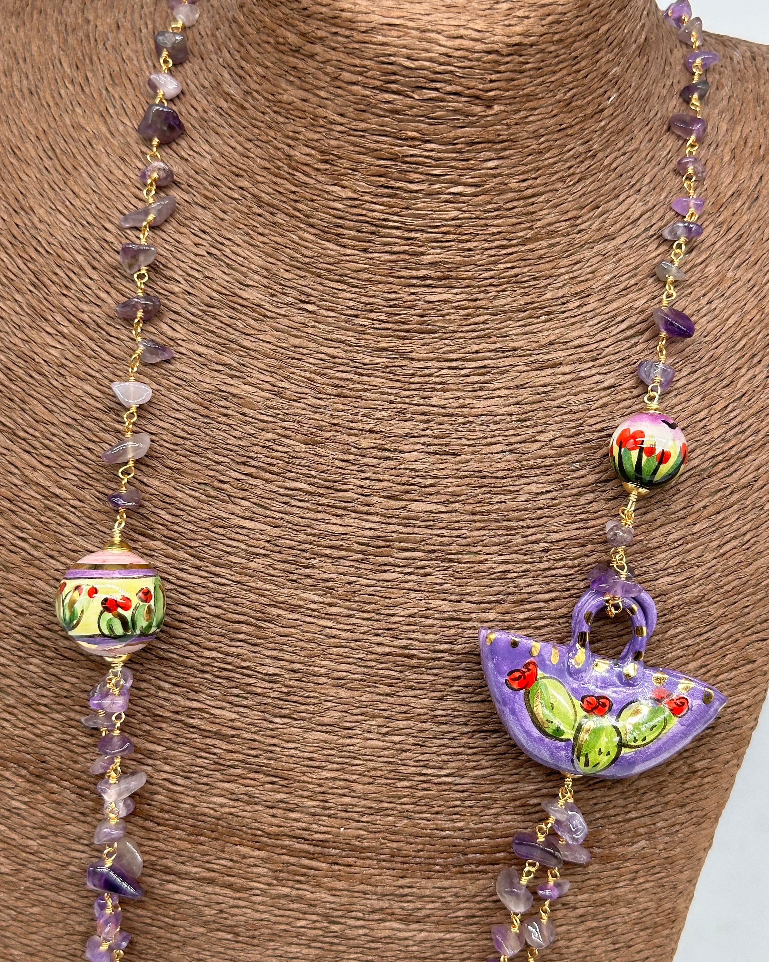 Collana Coffa Siciliana decorata Viola Ceramica di Caltagirone - COLLANA