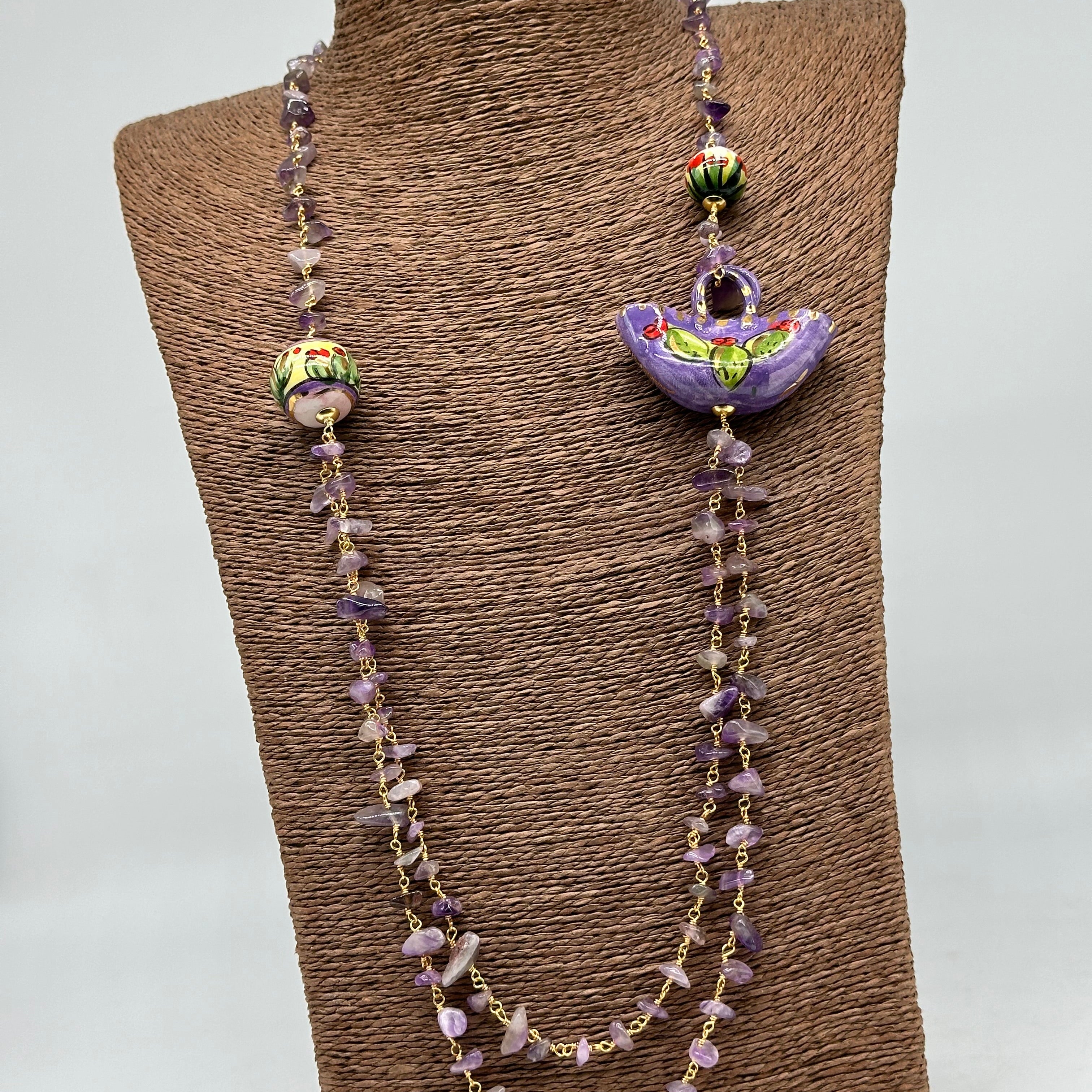 Collana Coffa Siciliana decorata Viola Ceramica di Caltagirone - COLLANA