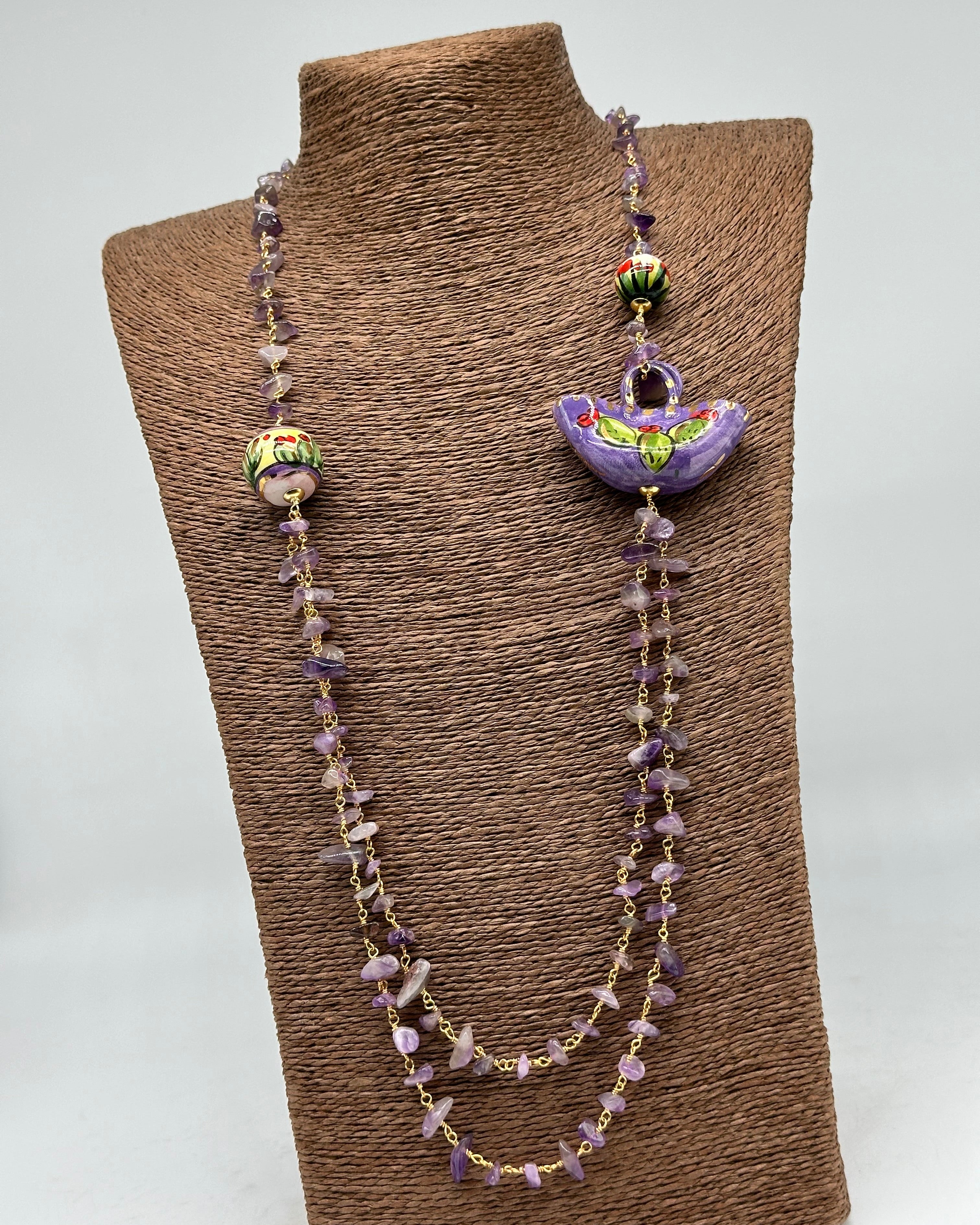 Collana Coffa Siciliana decorata Viola Ceramica di Caltagirone - COLLANA