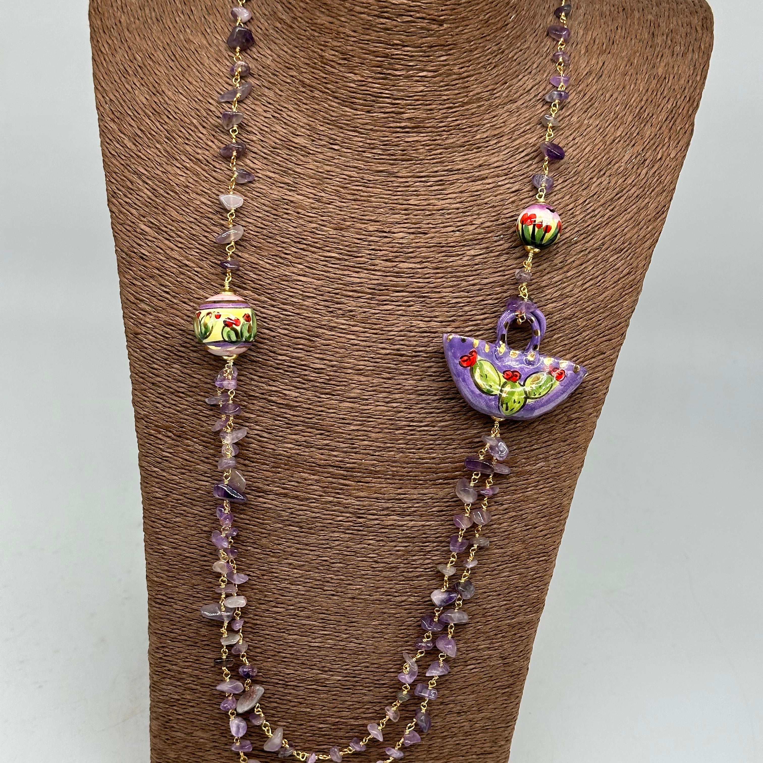 Collana Coffa Siciliana decorata Viola Ceramica di Caltagirone - COLLANA