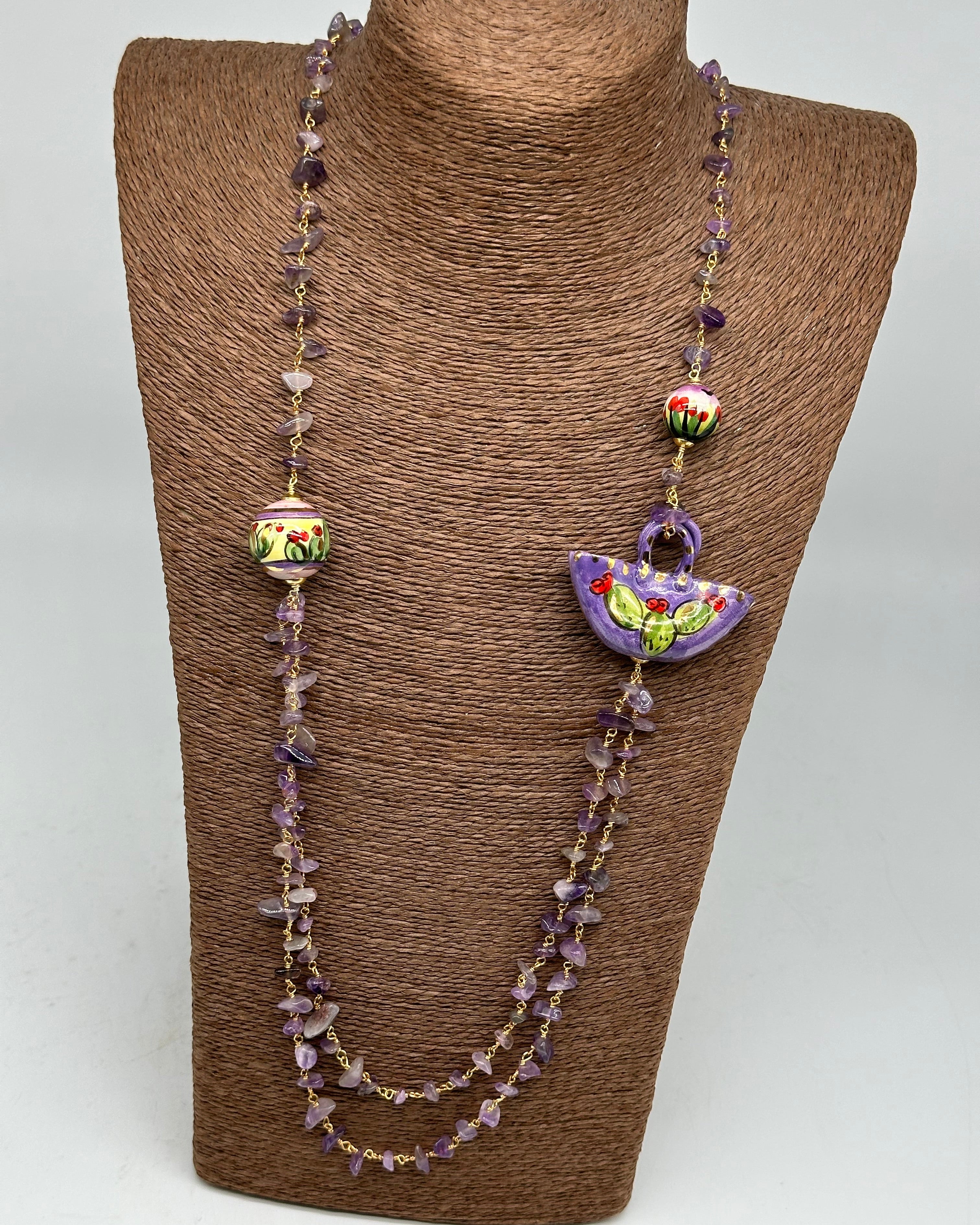 Collana Coffa Siciliana decorata Viola Ceramica di Caltagirone - COLLANA