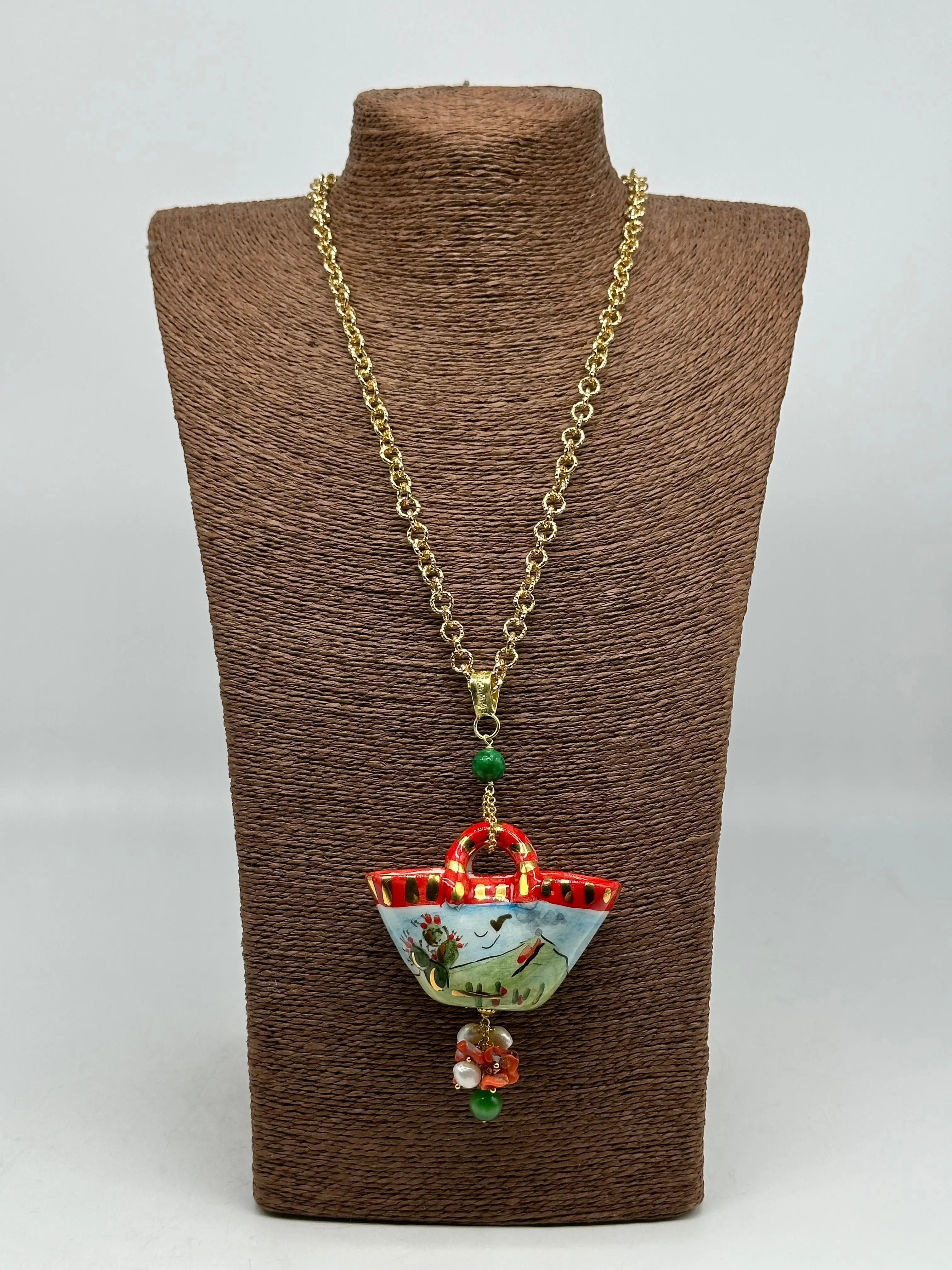 Collana Coffa Siciliana decorata Vulcano Etna Ceramica di Caltagirone V.2 DD CERAMICHE SICILIANE