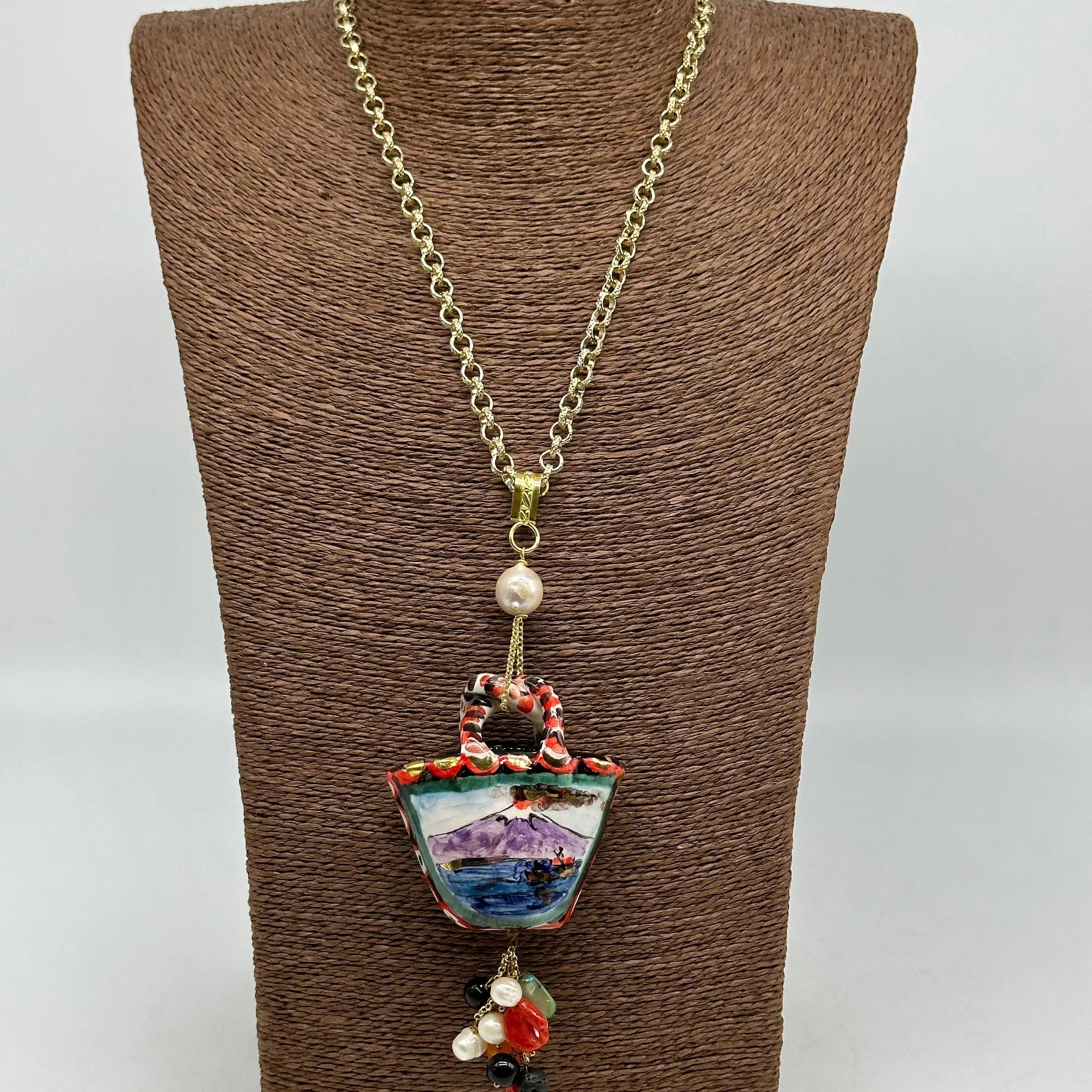 Collana Coffa Siciliana decorata Vulcano Etna Ceramica di Caltagirone DD CERAMICHE SICILIANE
