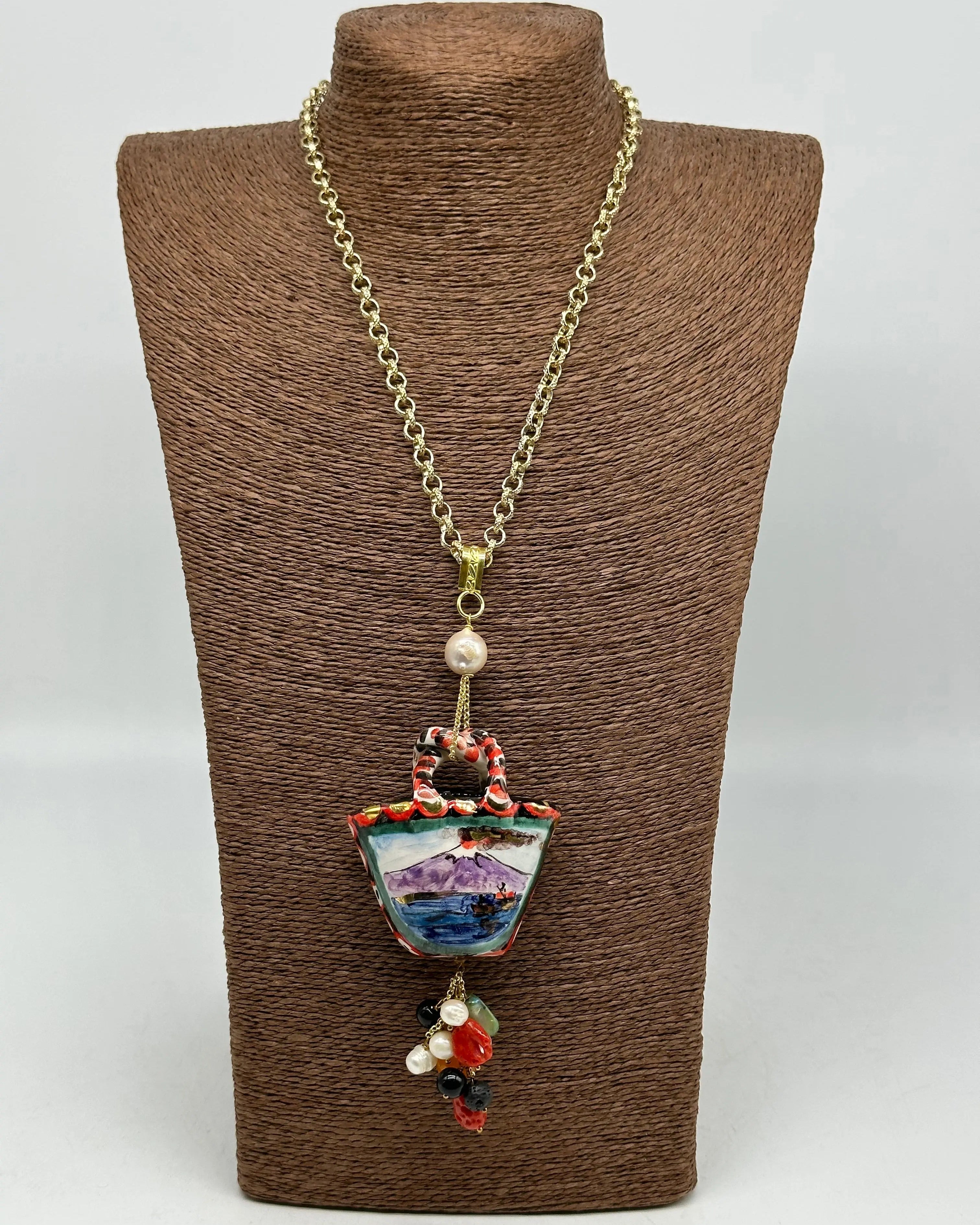 Collana Coffa Siciliana decorata Vulcano Etna Ceramica di Caltagirone DD CERAMICHE SICILIANE