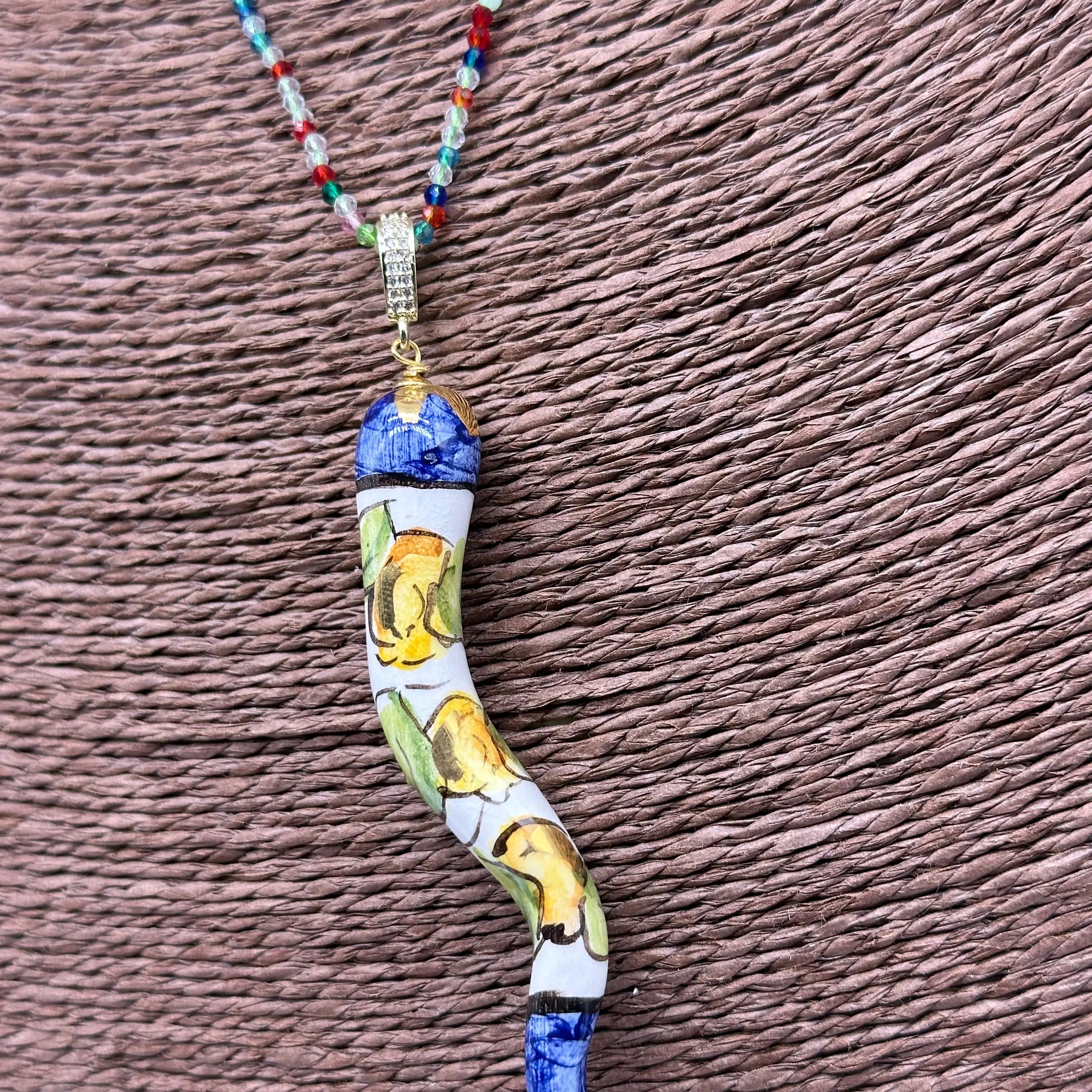 Collana Corno Portafotuna Ceramica Caltagirone, catena perle multicolor V.1 DD CERAMICHE SICILIANE