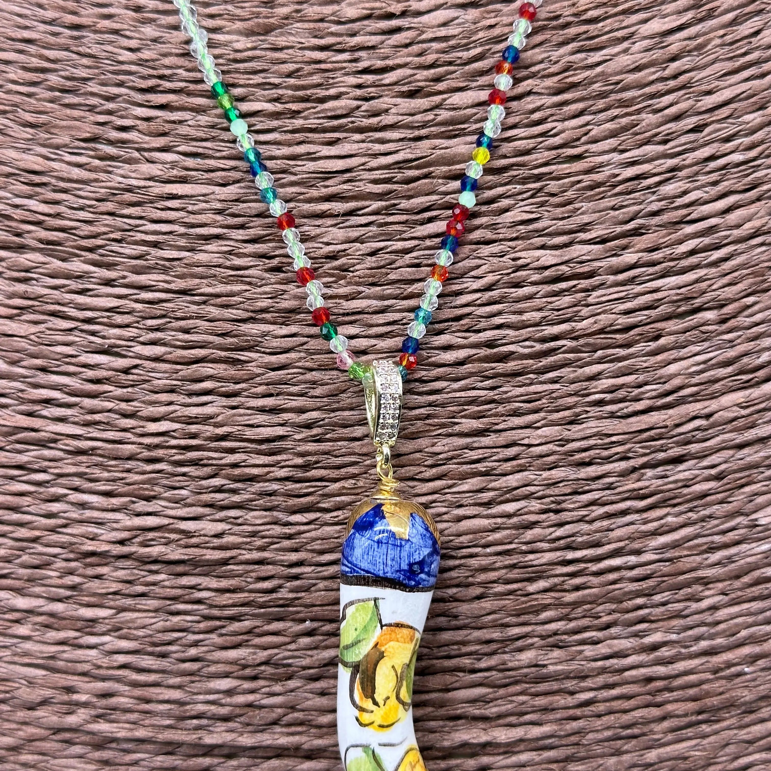 Collana Corno Portafotuna Ceramica Caltagirone, catena perle multicolor V.1 DD CERAMICHE SICILIANE