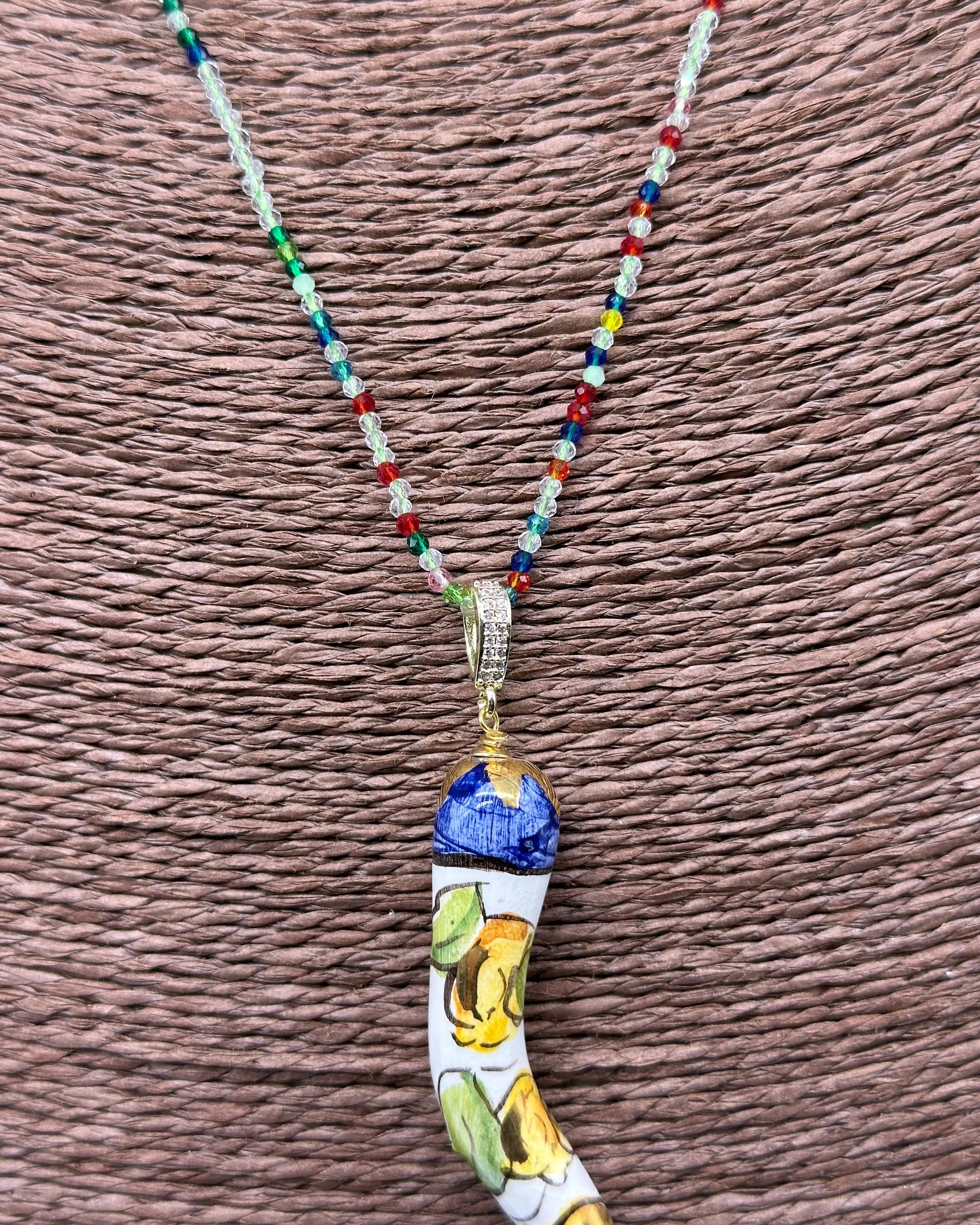 Collana Corno Portafotuna Ceramica Caltagirone, catena perle multicolor V.1 DD CERAMICHE SICILIANE