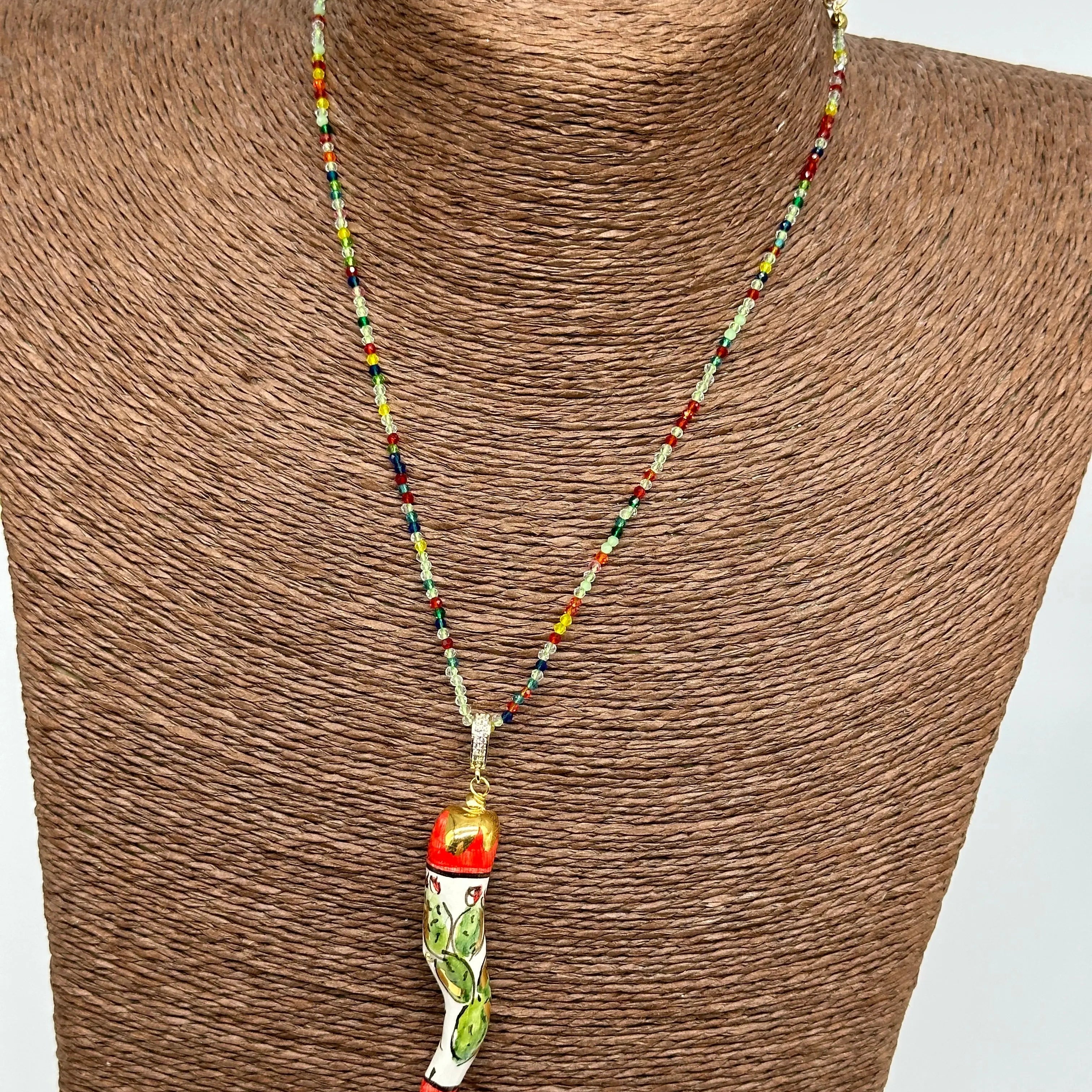 Collana Corno Portafotuna Ceramica Caltagirone, catena perle multicolor V.2 DD CERAMICHE SICILIANE