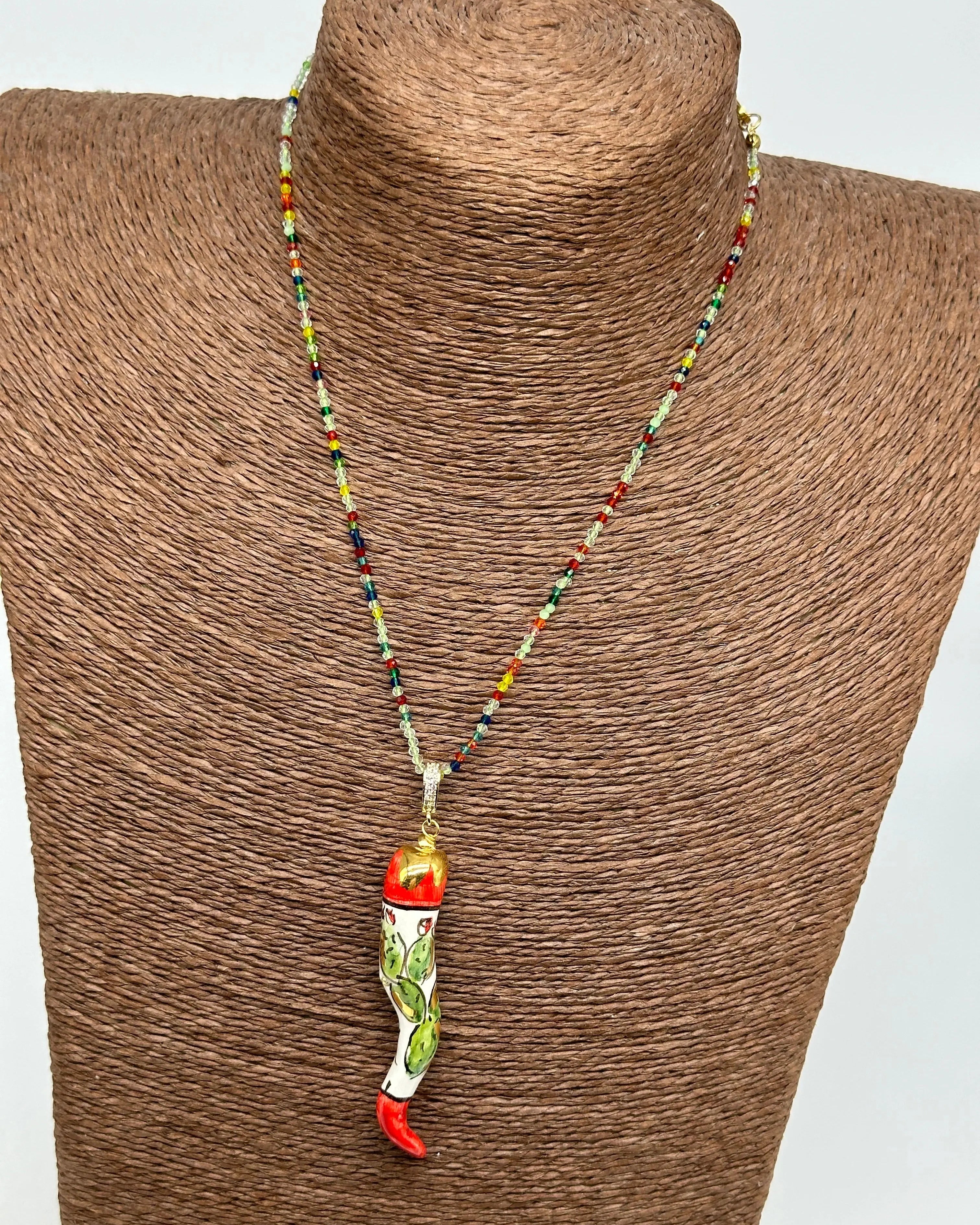 Collana Corno Portafotuna Ceramica Caltagirone, catena perle multicolor V.2 DD CERAMICHE SICILIANE