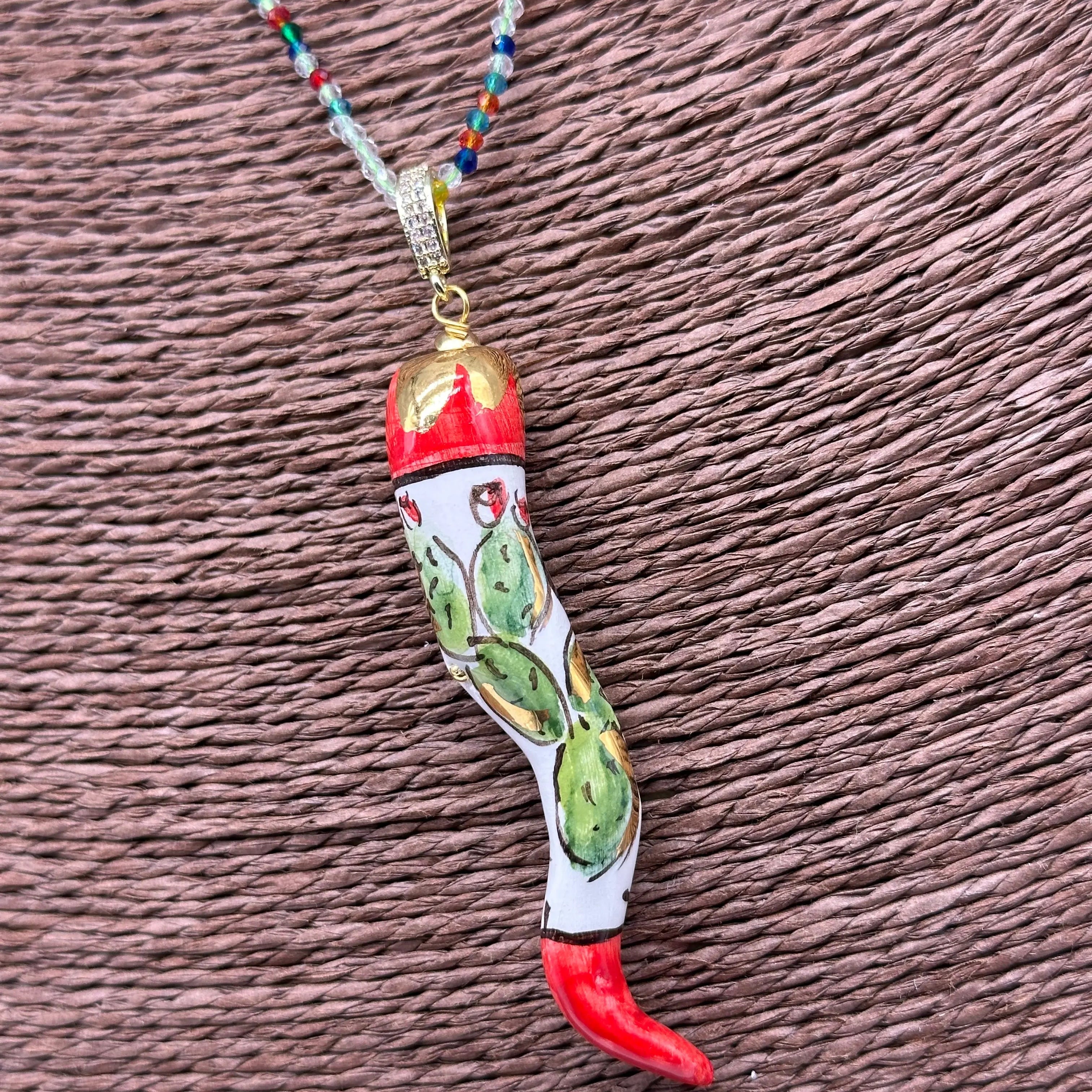 Collana Corno Portafotuna Ceramica Caltagirone, catena perle multicolor V.2 DD CERAMICHE SICILIANE