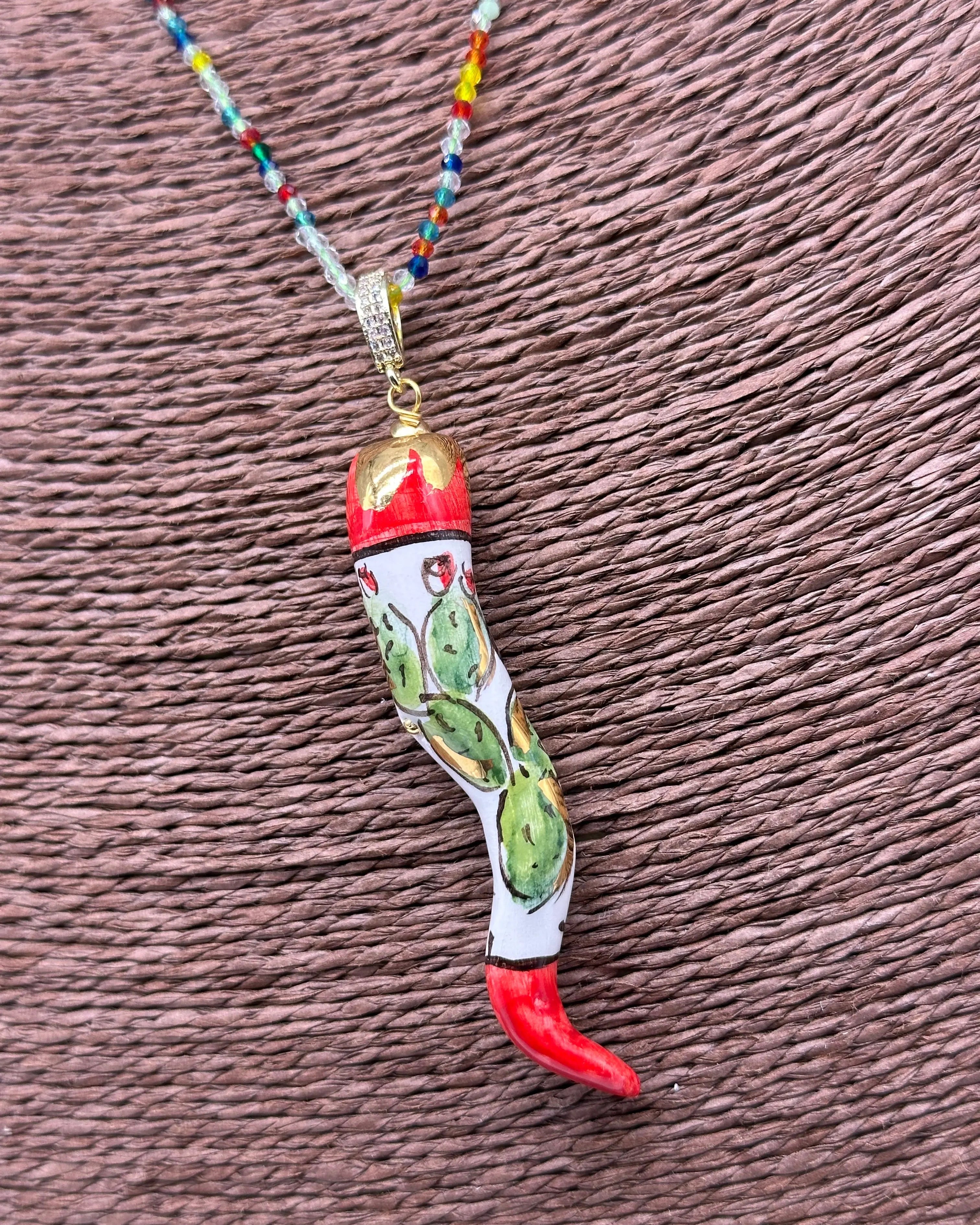 Collana Corno Portafotuna Ceramica Caltagirone, catena perle multicolor V.2 DD CERAMICHE SICILIANE