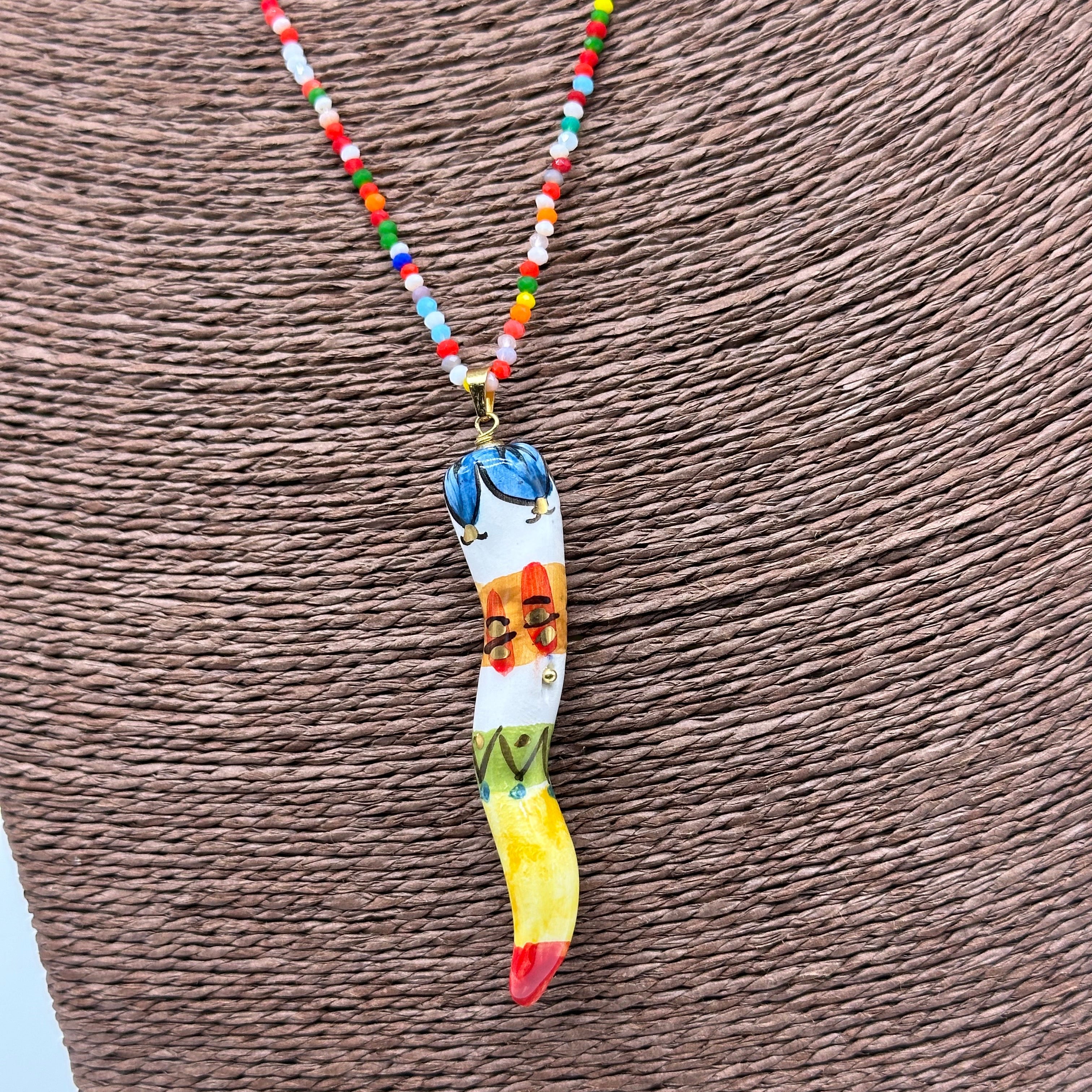 Collana Corno Portafotuna Ceramica Caltagirone catena perle multicolor V.4 - COLLANA