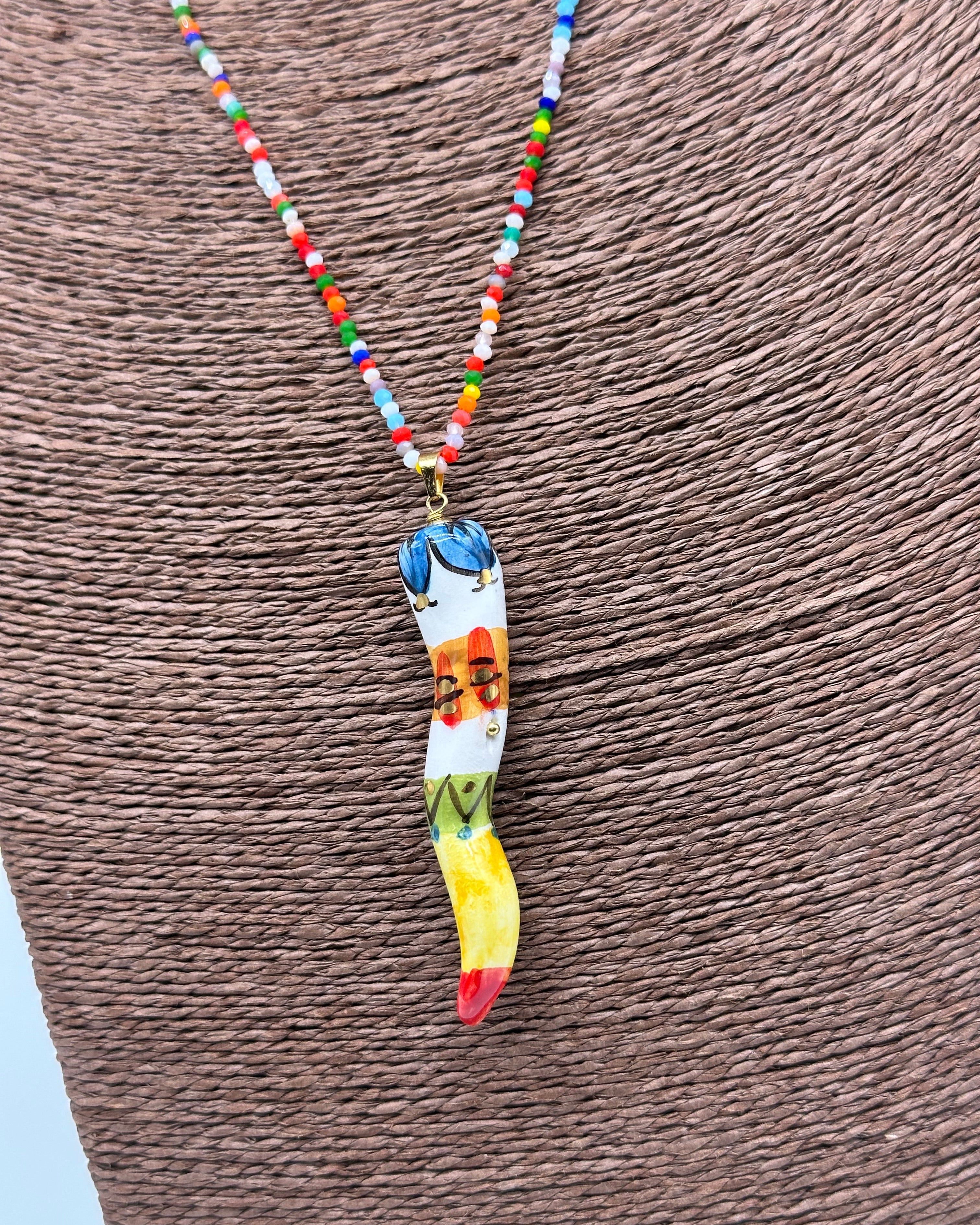 Collana Corno Portafotuna Ceramica Caltagirone catena perle multicolor V.4 - COLLANA