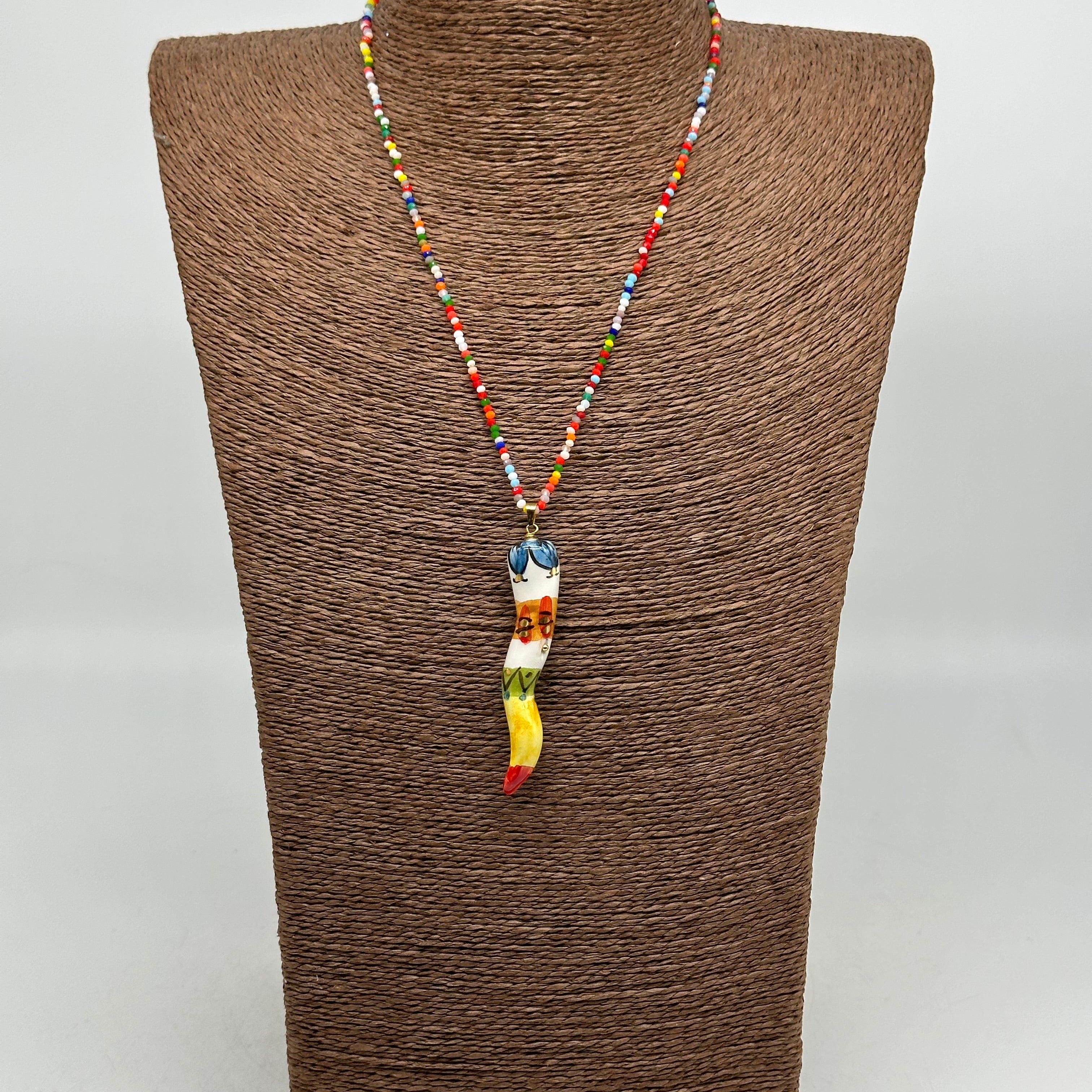 Collana Corno Portafotuna Ceramica Caltagirone catena perle multicolor V.4 - COLLANA
