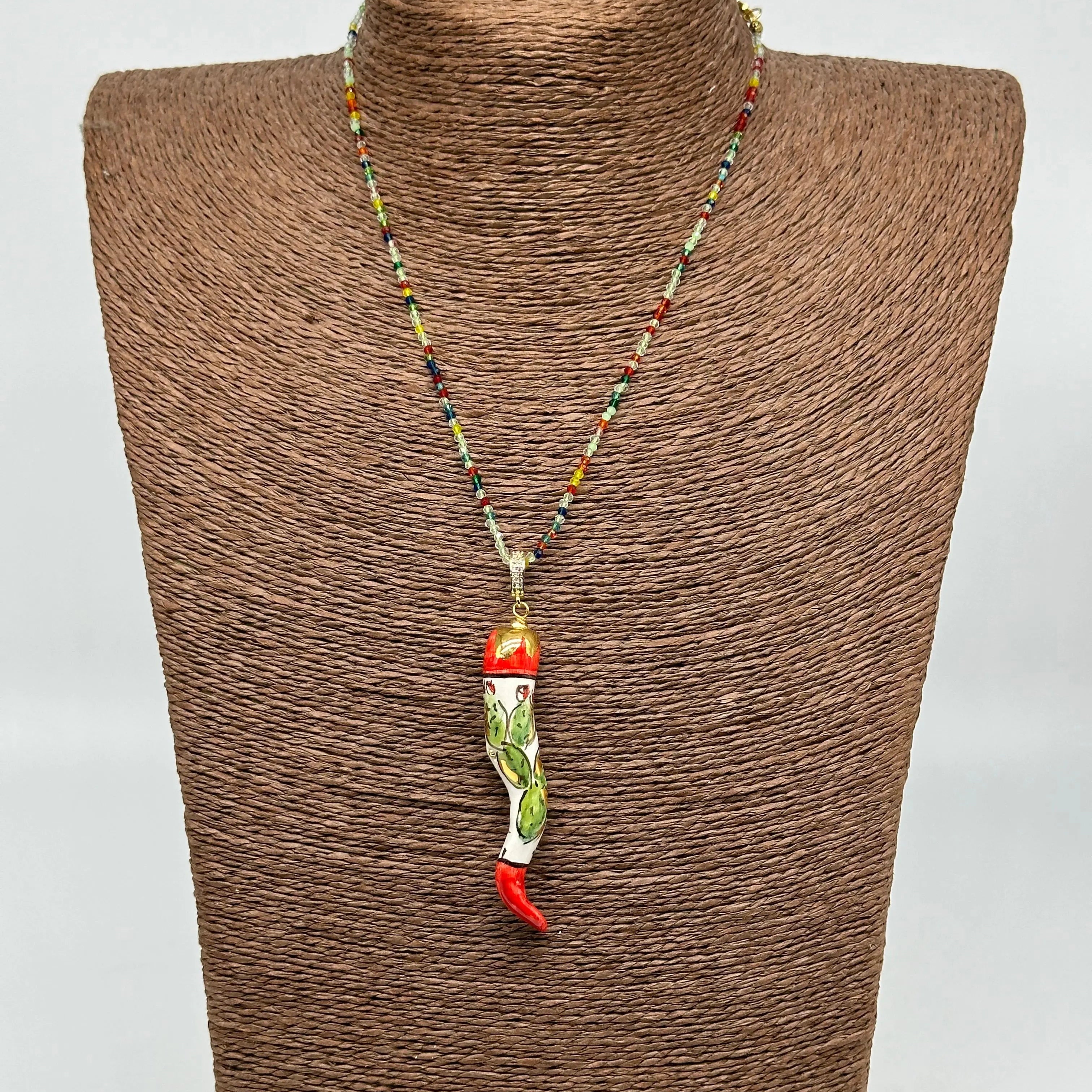 Collana Corno Portafotuna Ceramica Caltagirone, catena perle multicolor V.2 DD CERAMICHE SICILIANE