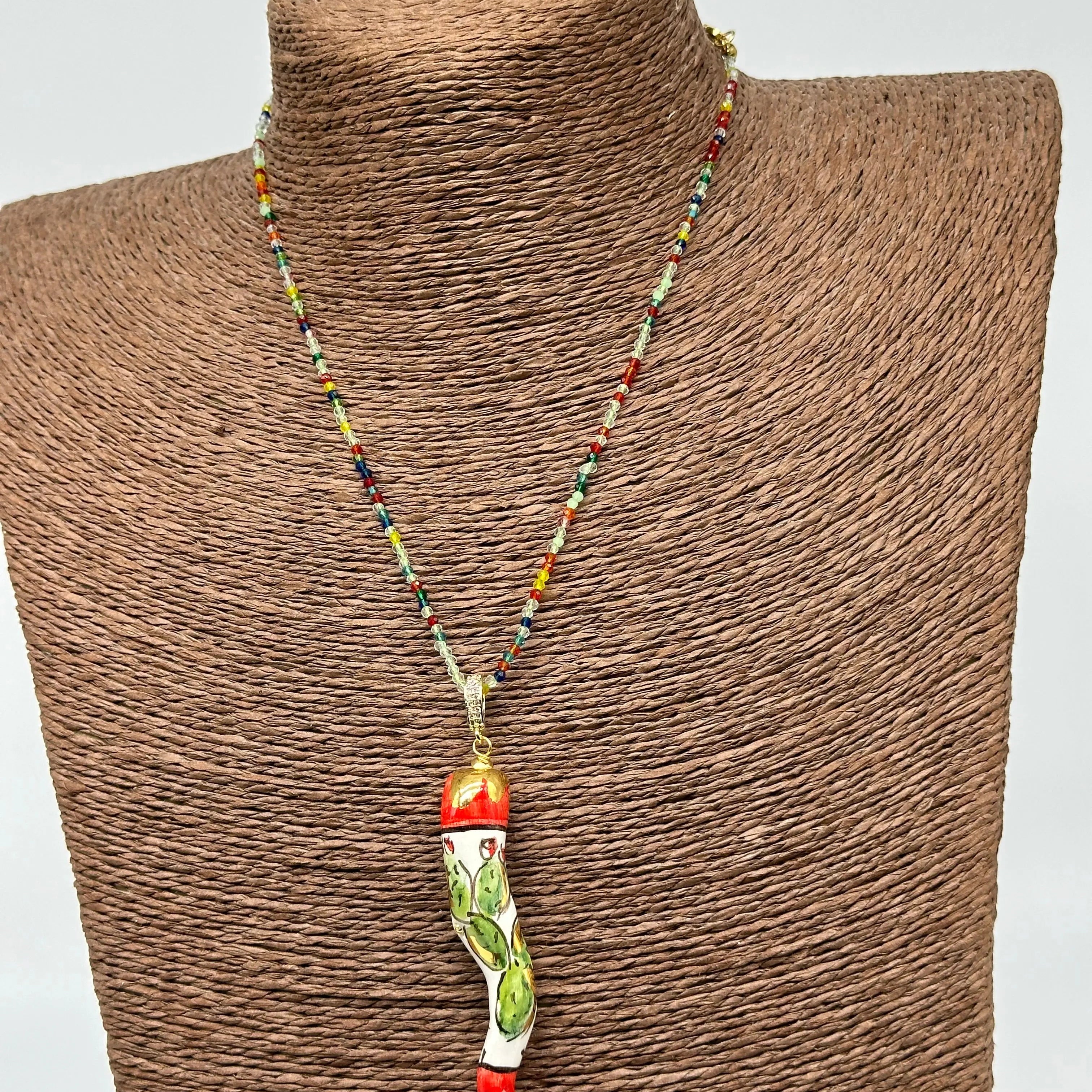 Collana Corno Portafotuna Ceramica Caltagirone, catena perle multicolor V.2 DD CERAMICHE SICILIANE