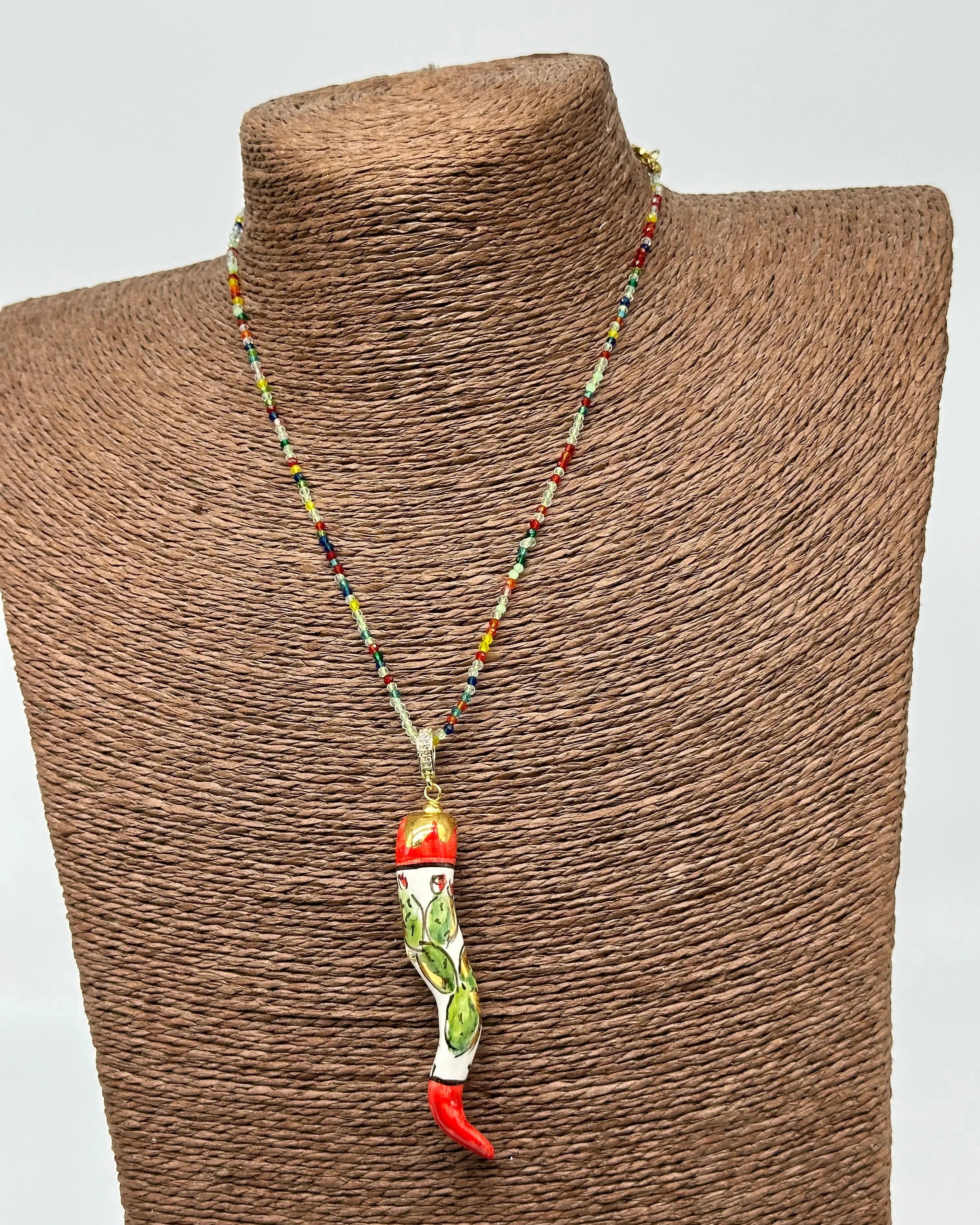 Collana Corno Portafotuna Ceramica Caltagirone, catena perle multicolor V.2 DD CERAMICHE SICILIANE