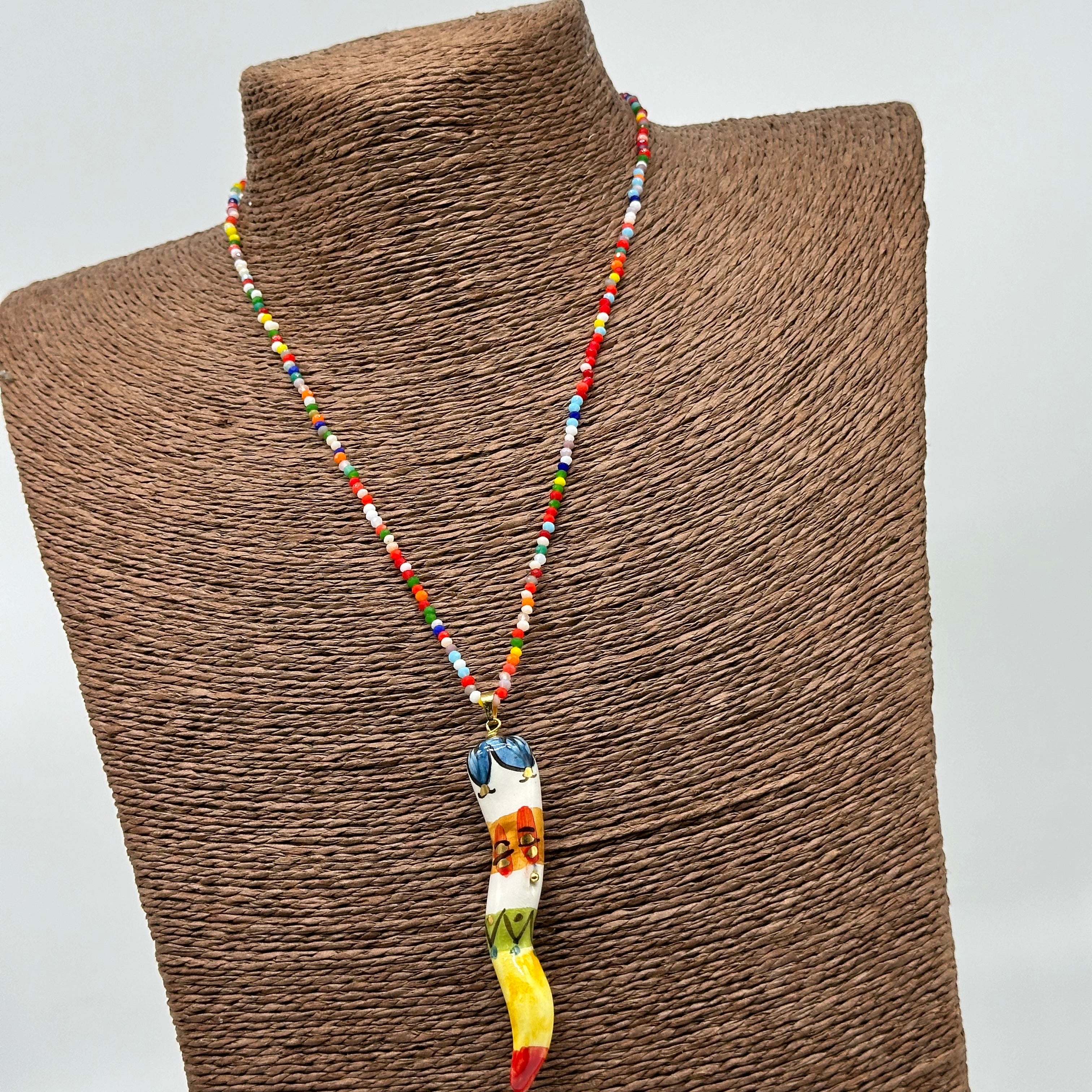Collana Corno Portafotuna Ceramica Caltagirone catena perle multicolor V.4 - COLLANA