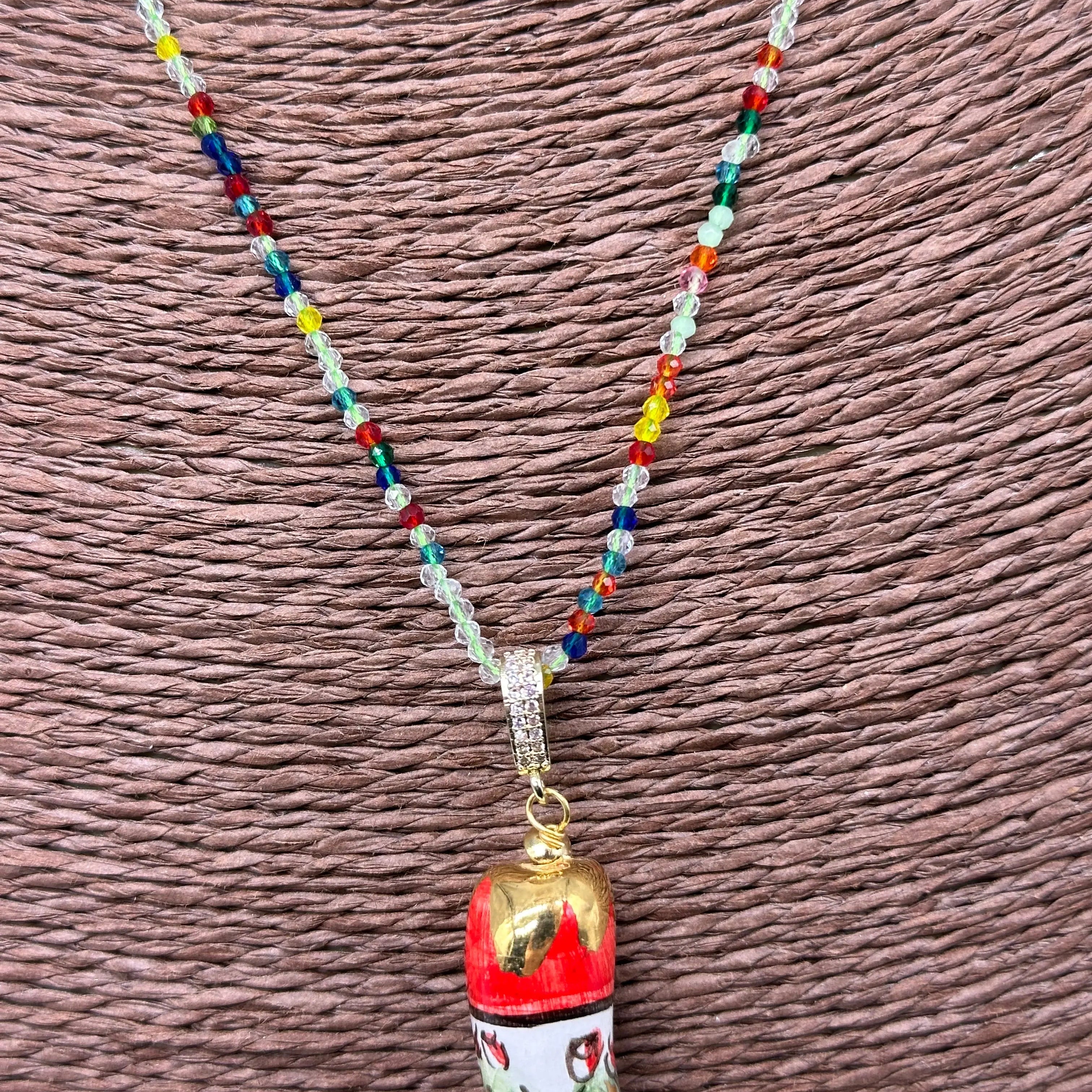 Collana Corno Portafotuna Ceramica Caltagirone, catena perle multicolor V.2 DD CERAMICHE SICILIANE