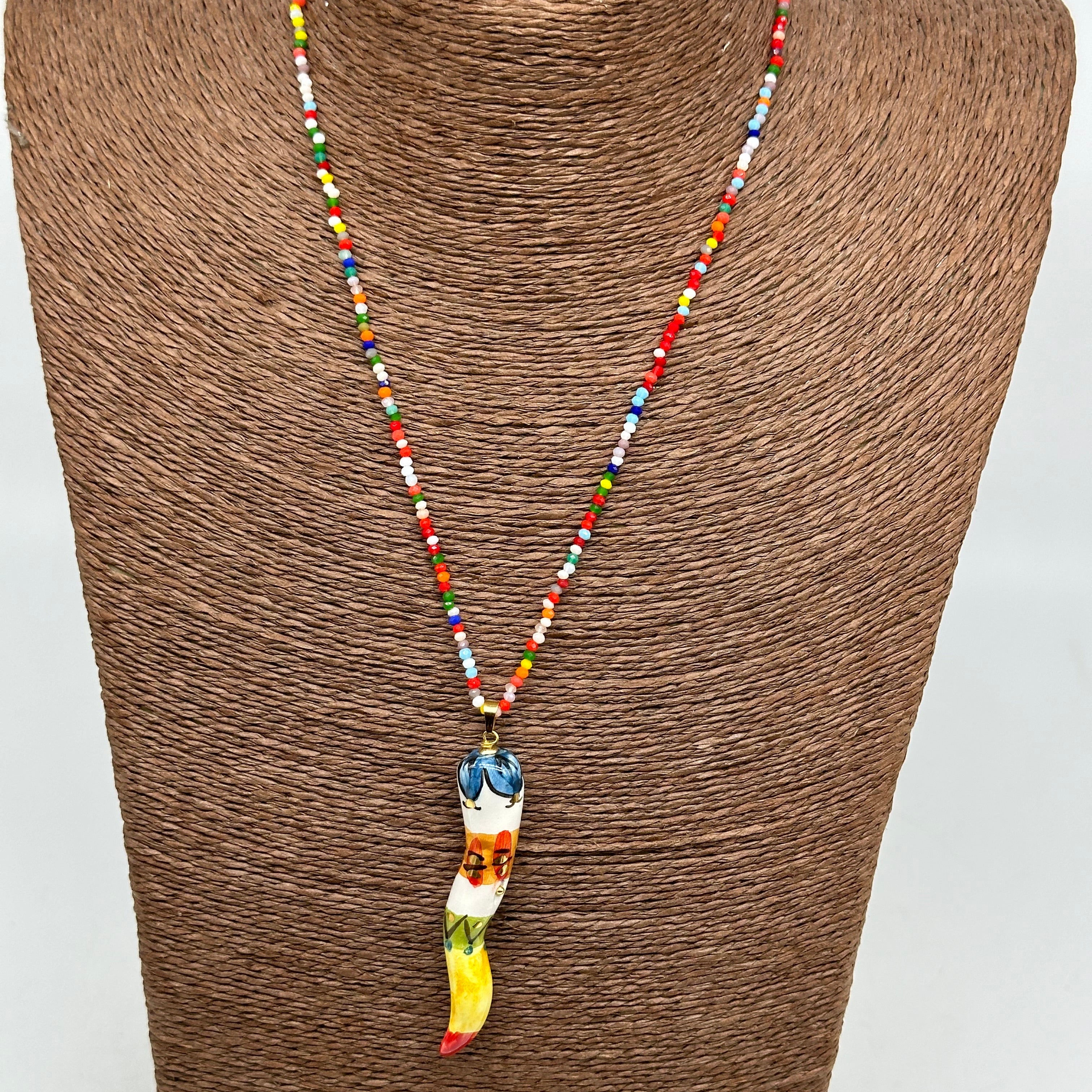 Collana Corno Portafotuna Ceramica Caltagirone catena perle multicolor V.4 - COLLANA