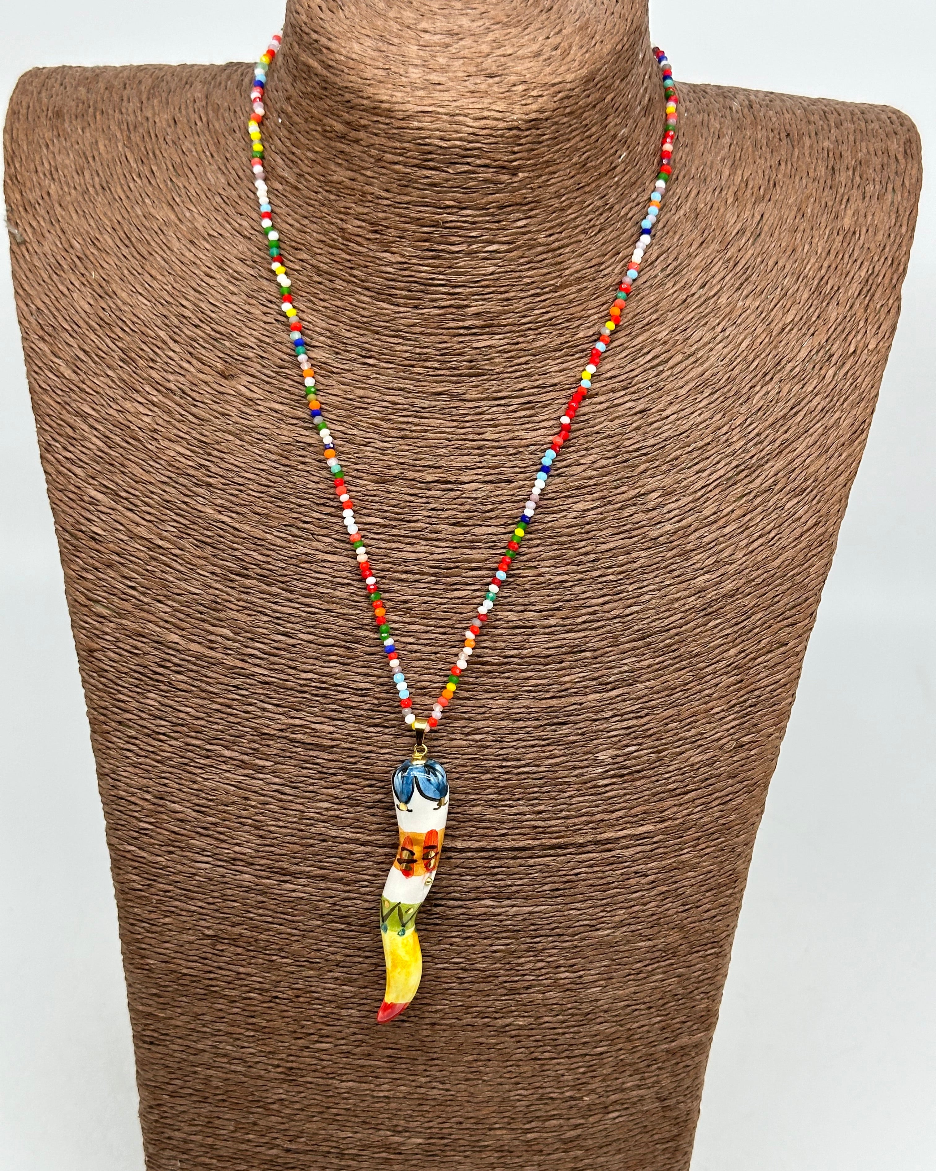 Collana Corno Portafotuna Ceramica Caltagirone catena perle multicolor V.4 - COLLANA