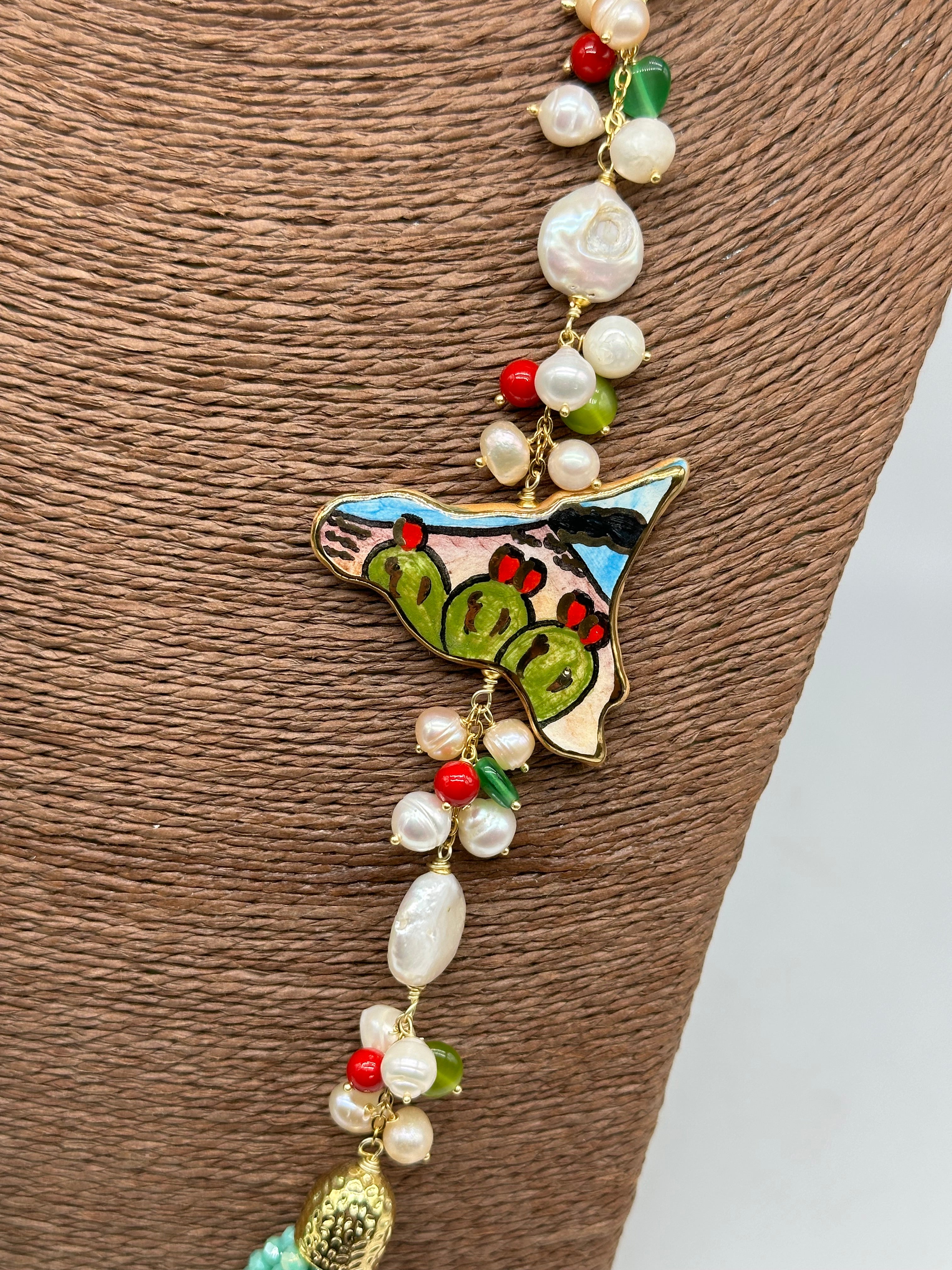 Collana multifilo di Pietre Celeste ciondolo Sicilia perle e pietre - BIJOUX