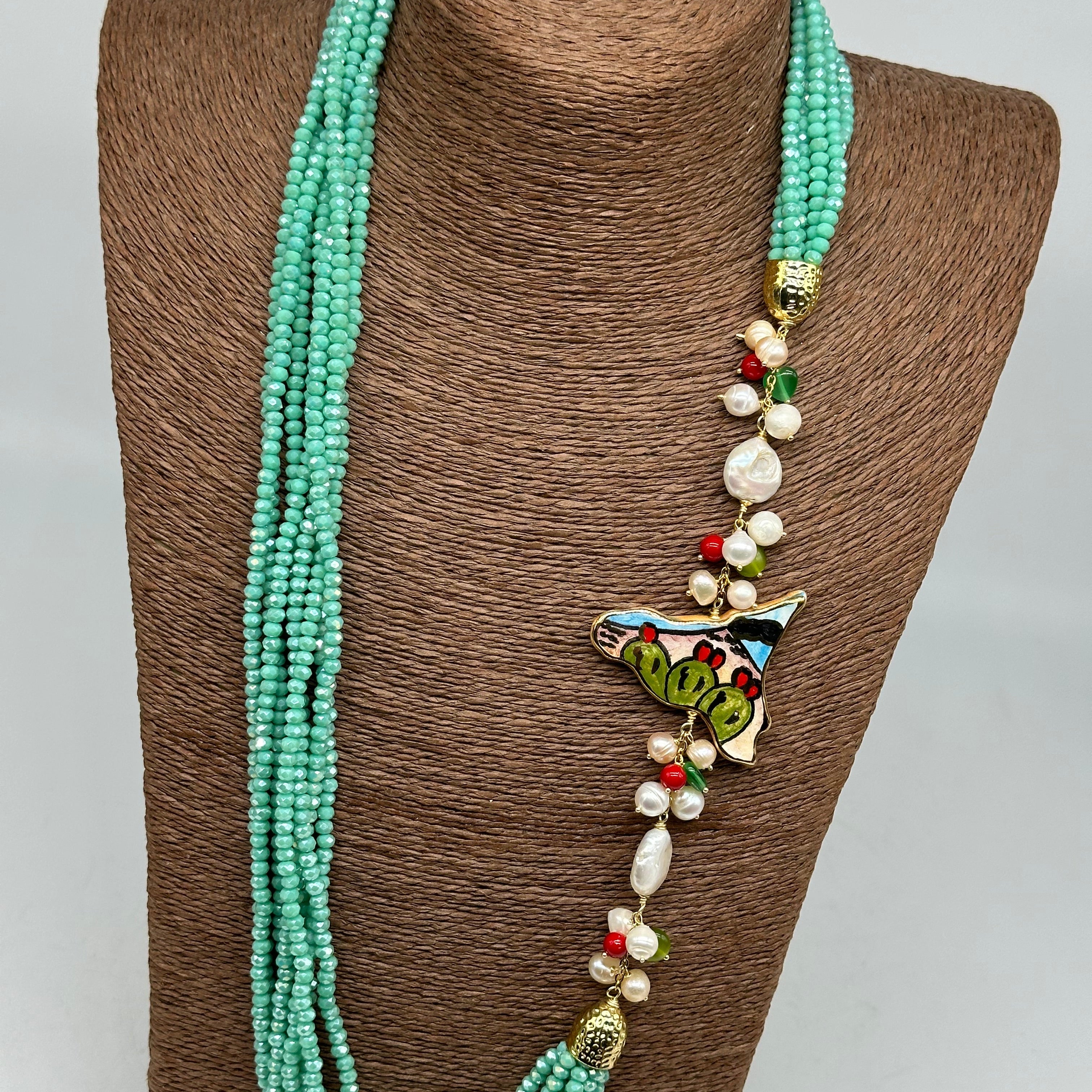 Collana multifilo di Pietre Celeste ciondolo Sicilia perle e pietre - BIJOUX