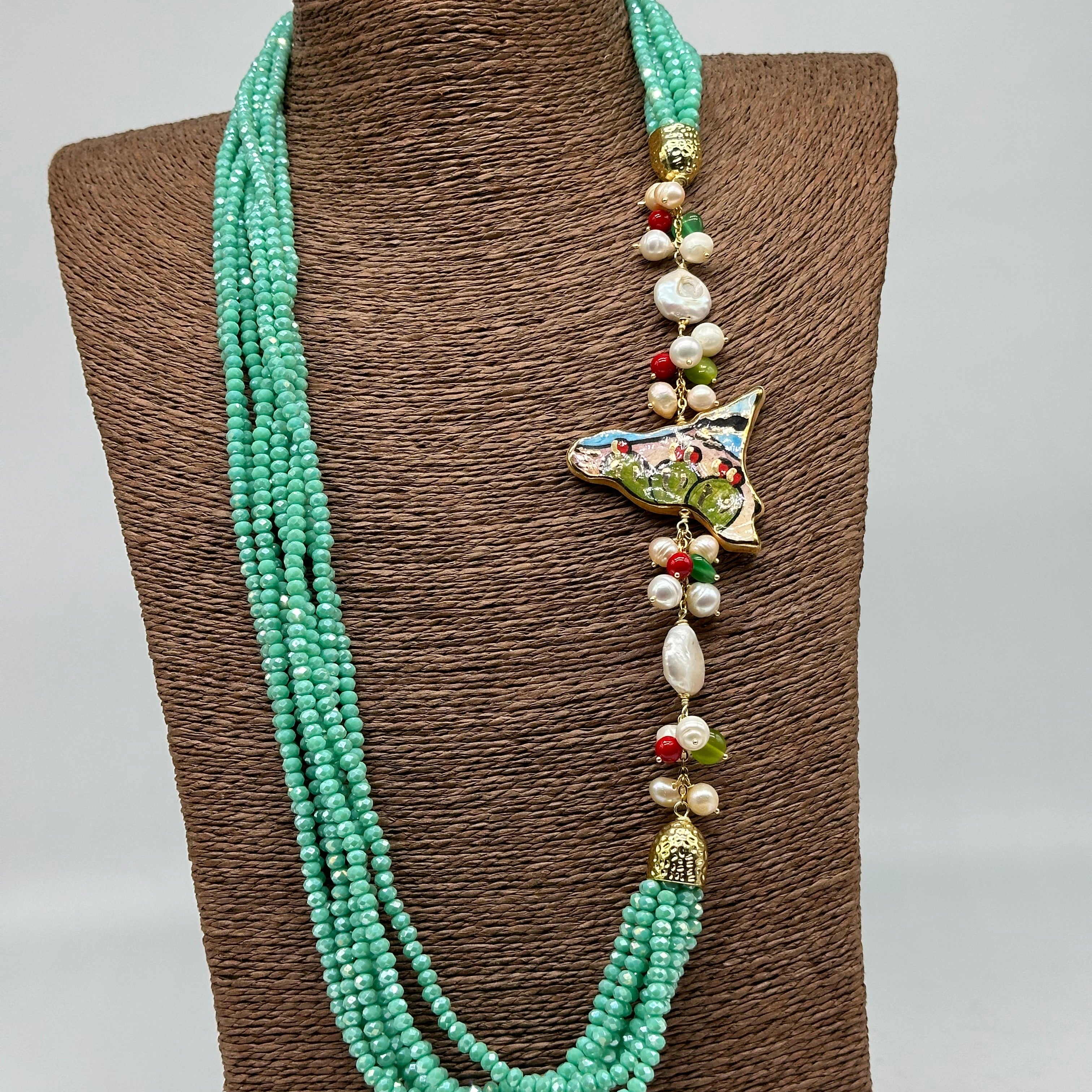 Collana multifilo di Pietre Celeste ciondolo Sicilia perle e pietre - BIJOUX
