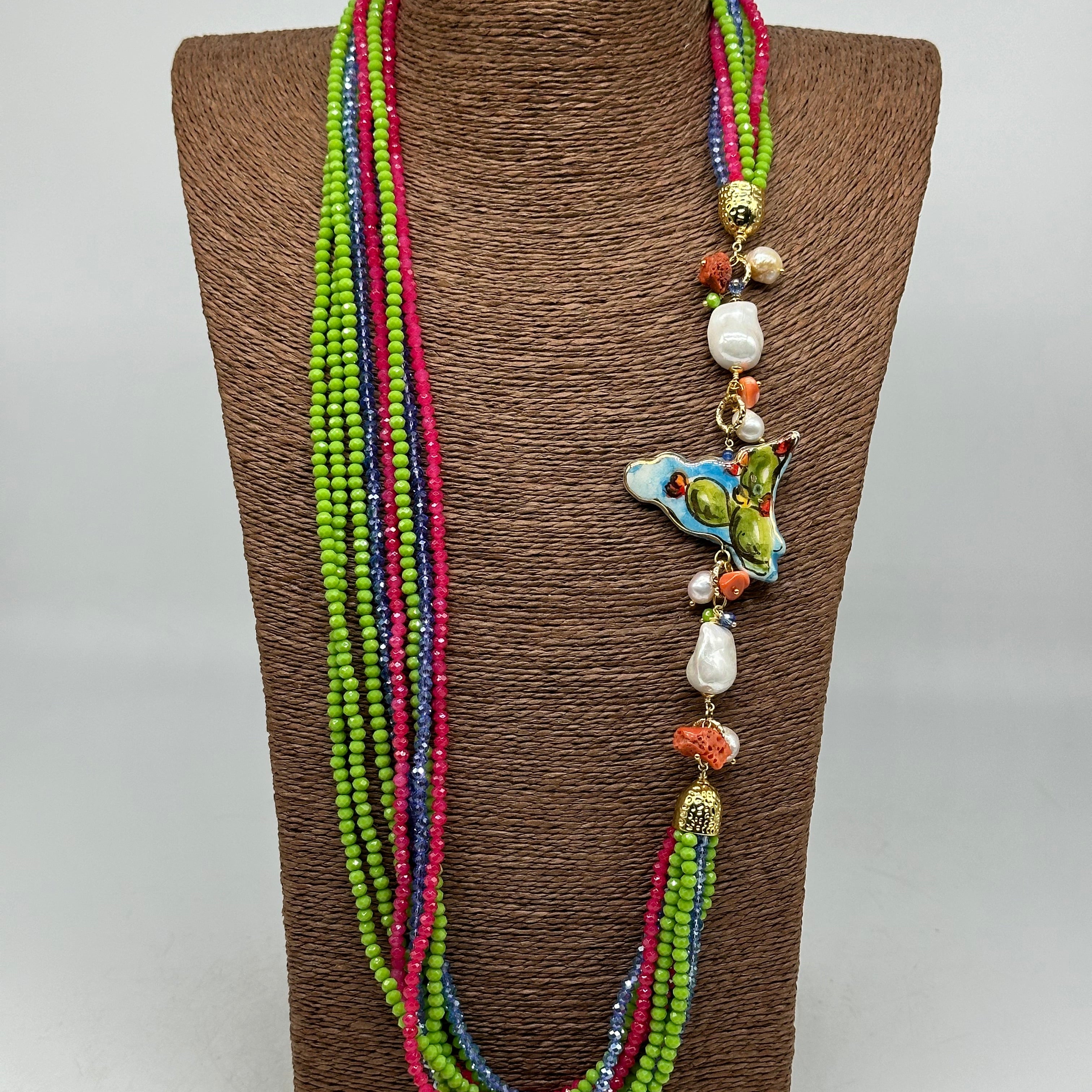 Collana Multifilo di Pietre colorate ciondolo Sicilia perle e pietre V.2 - BIJOUX