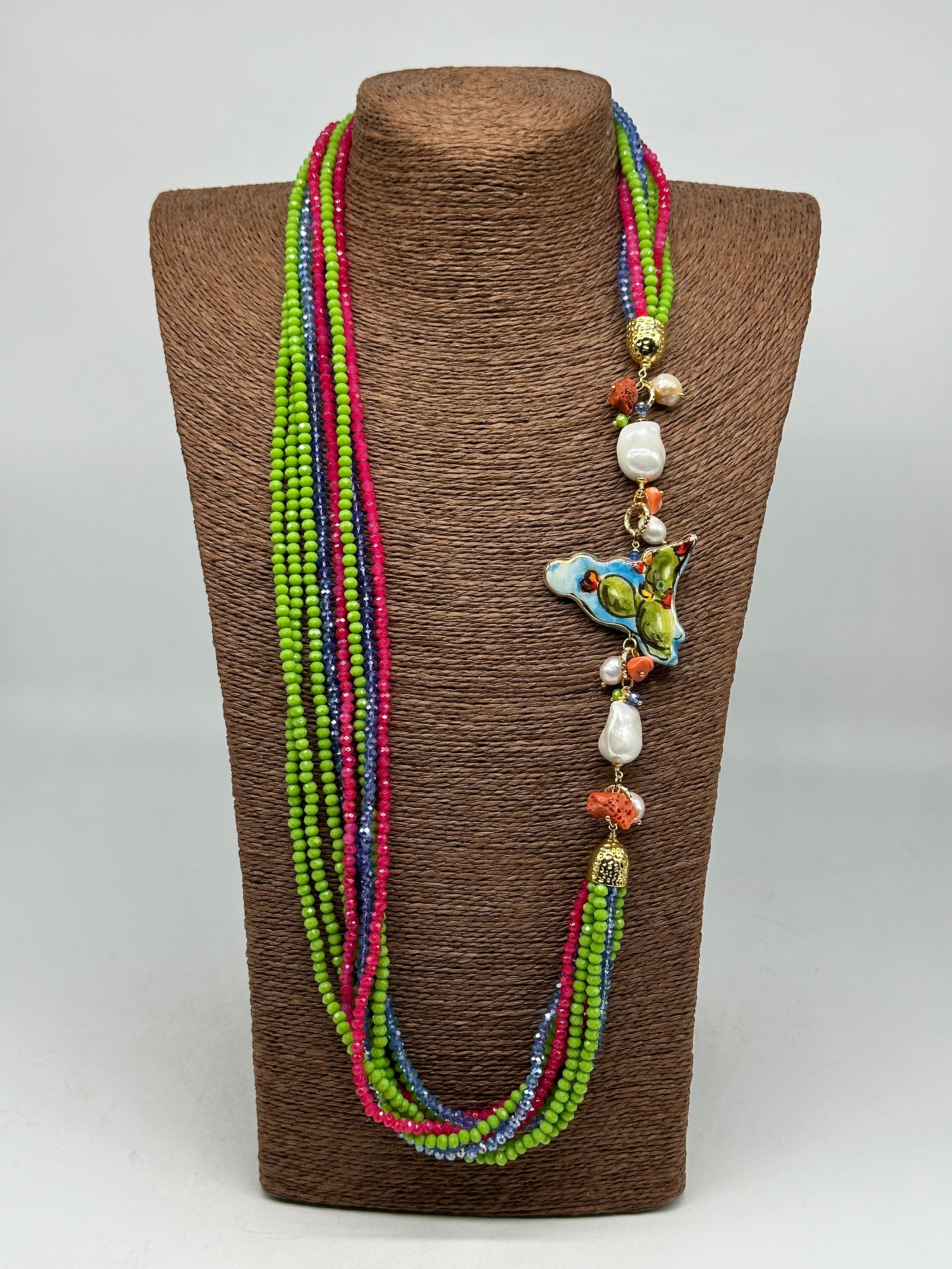 Collana Multifilo di Pietre colorate ciondolo Sicilia perle e pietre V.2 - BIJOUX
