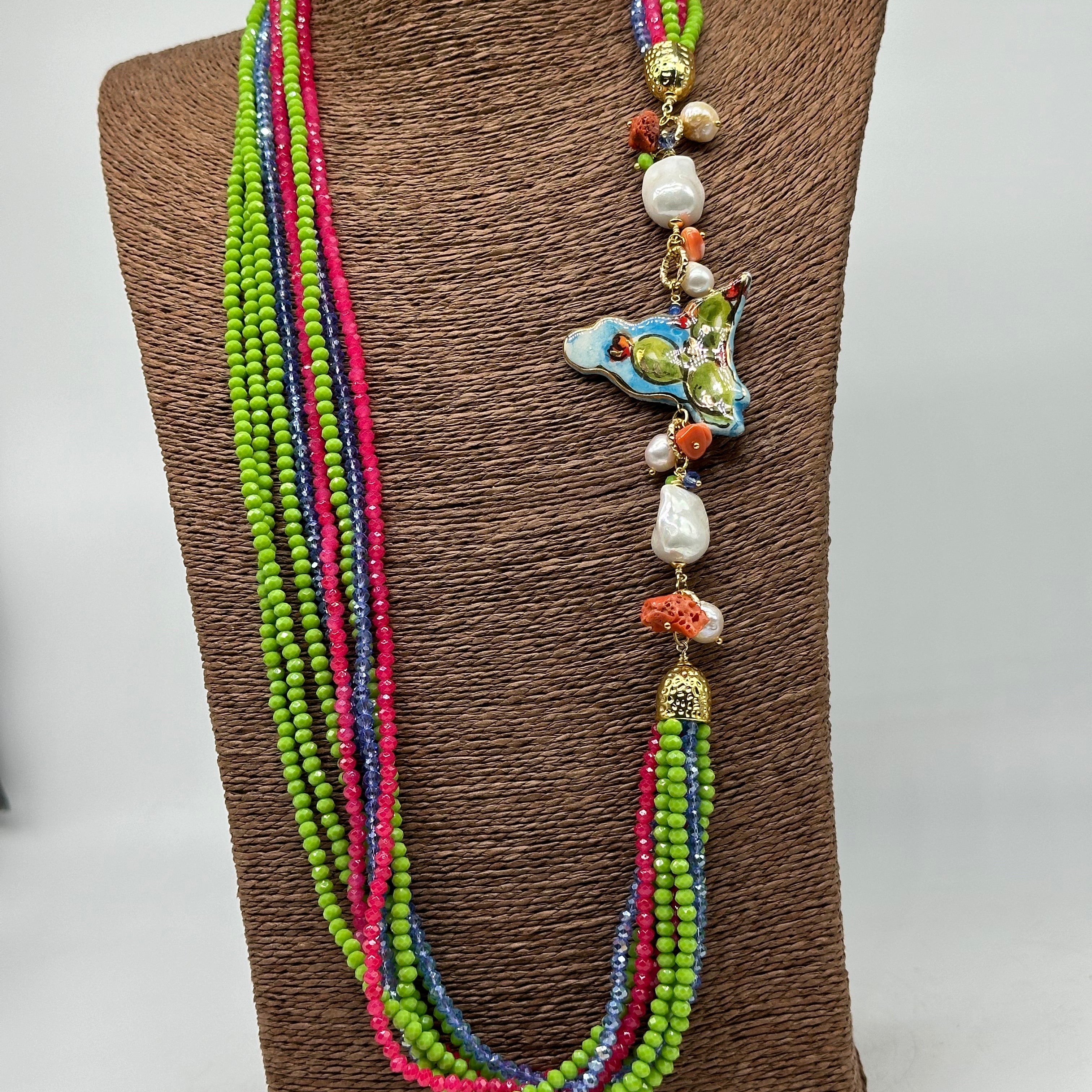 Collana Multifilo di Pietre colorate ciondolo Sicilia perle e pietre V.2 - BIJOUX