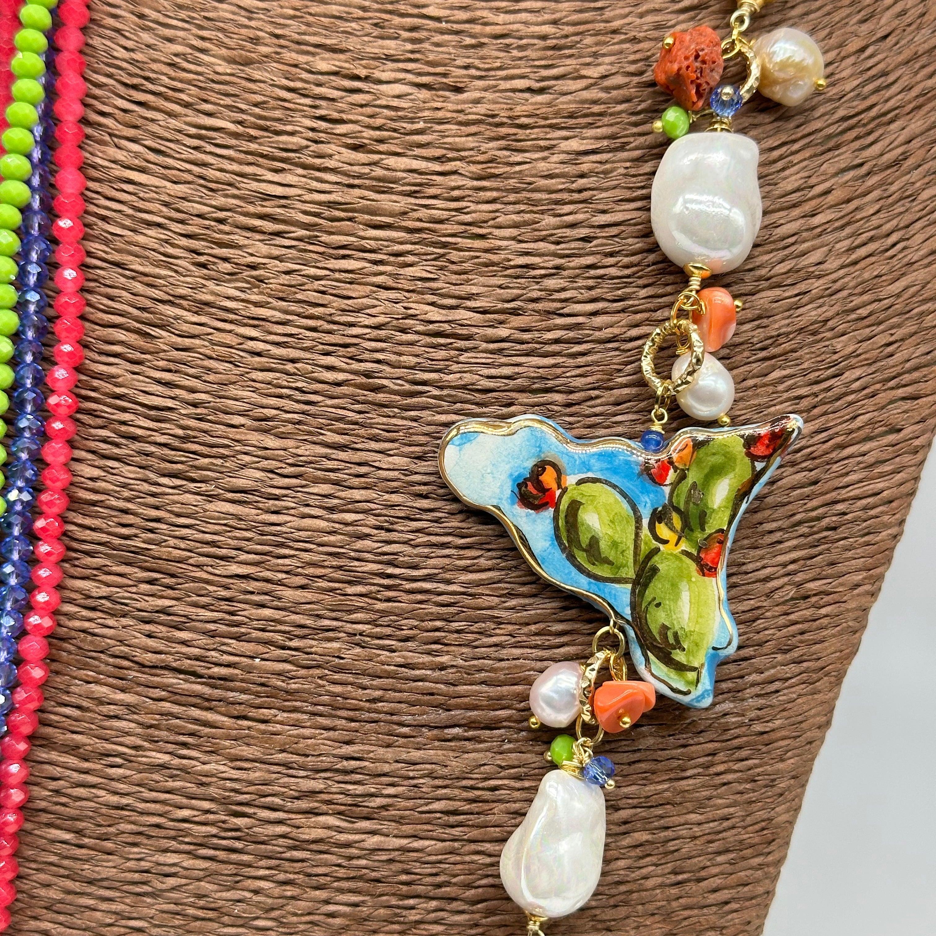 Collana Multifilo di Pietre colorate ciondolo Sicilia perle e pietre V.2 - BIJOUX