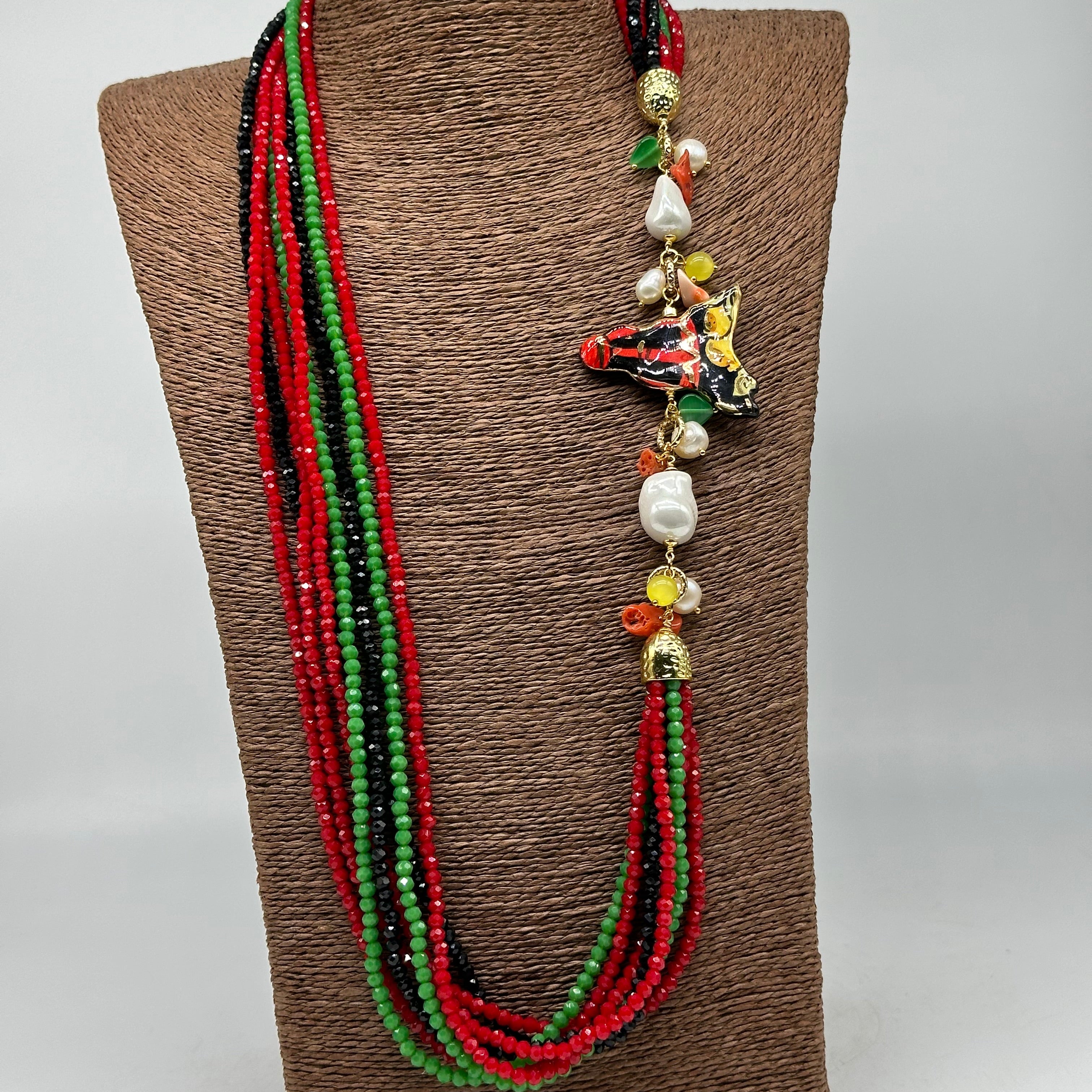 Collana Multifilo di Pietre colorate ciondolo Sicilia perle e pietre V.3 - BIJOUX