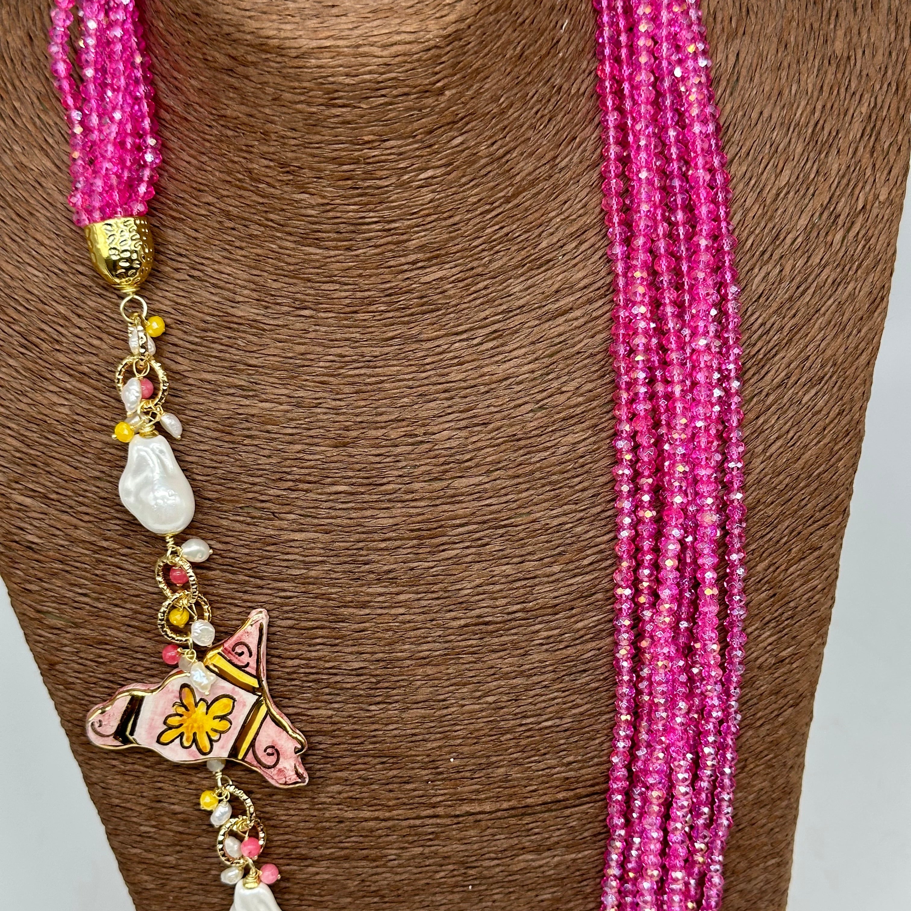 Collana multifilo di Pietre Rosa ciondolo Sicilia perle e pietre - COLLANA