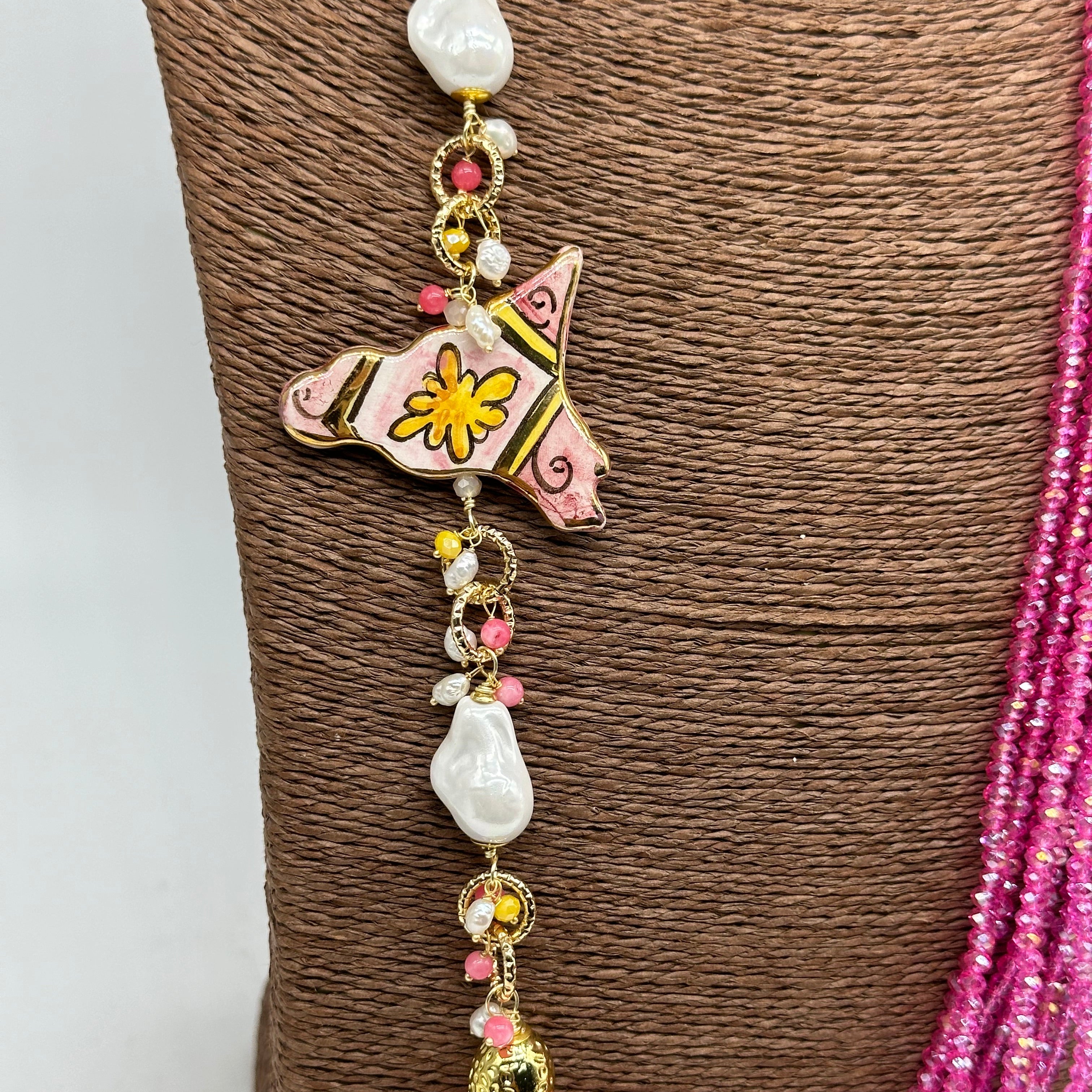 Collana multifilo di Pietre Rosa ciondolo Sicilia perle e pietre - COLLANA