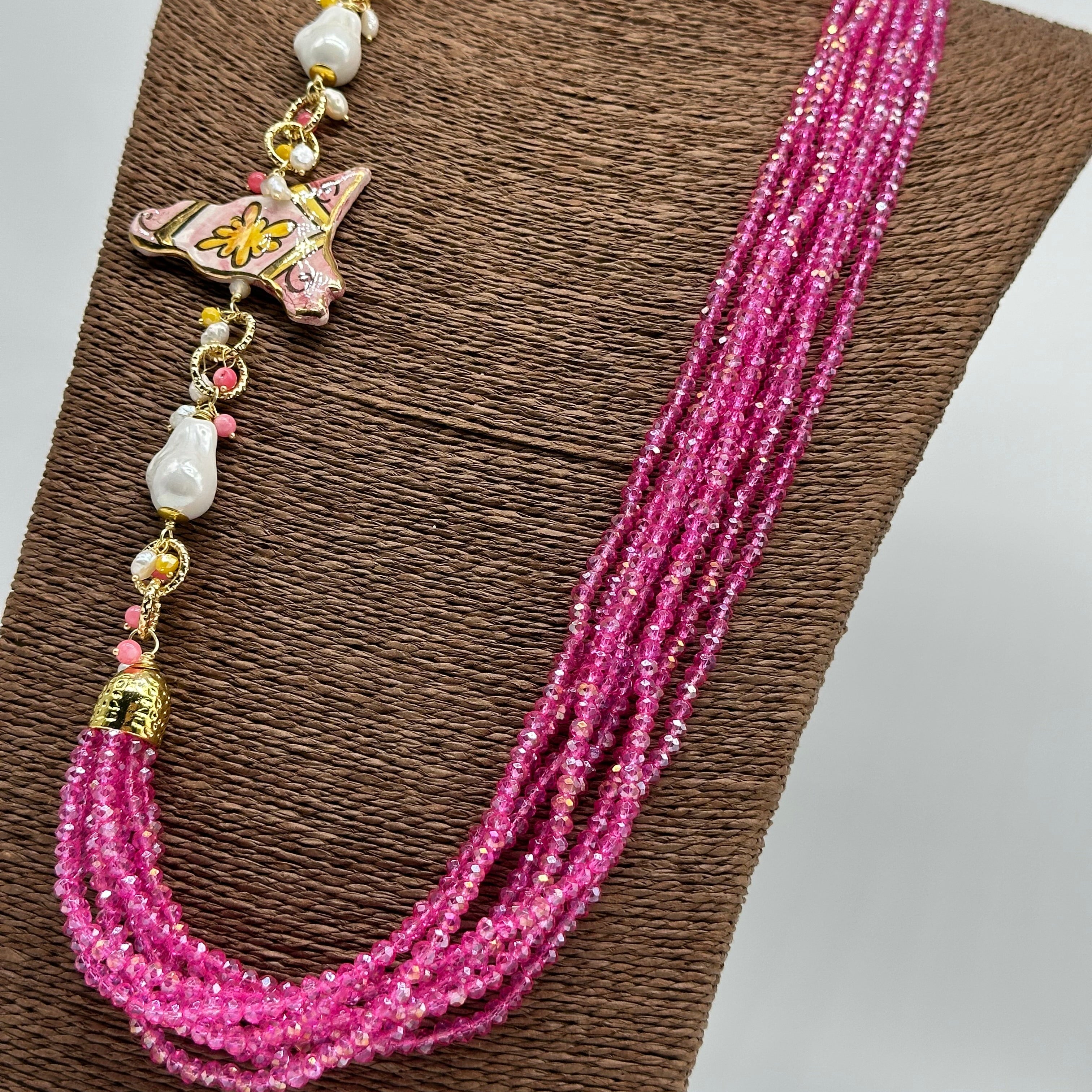 Collana multifilo di Pietre Rosa ciondolo Sicilia perle e pietre - COLLANA