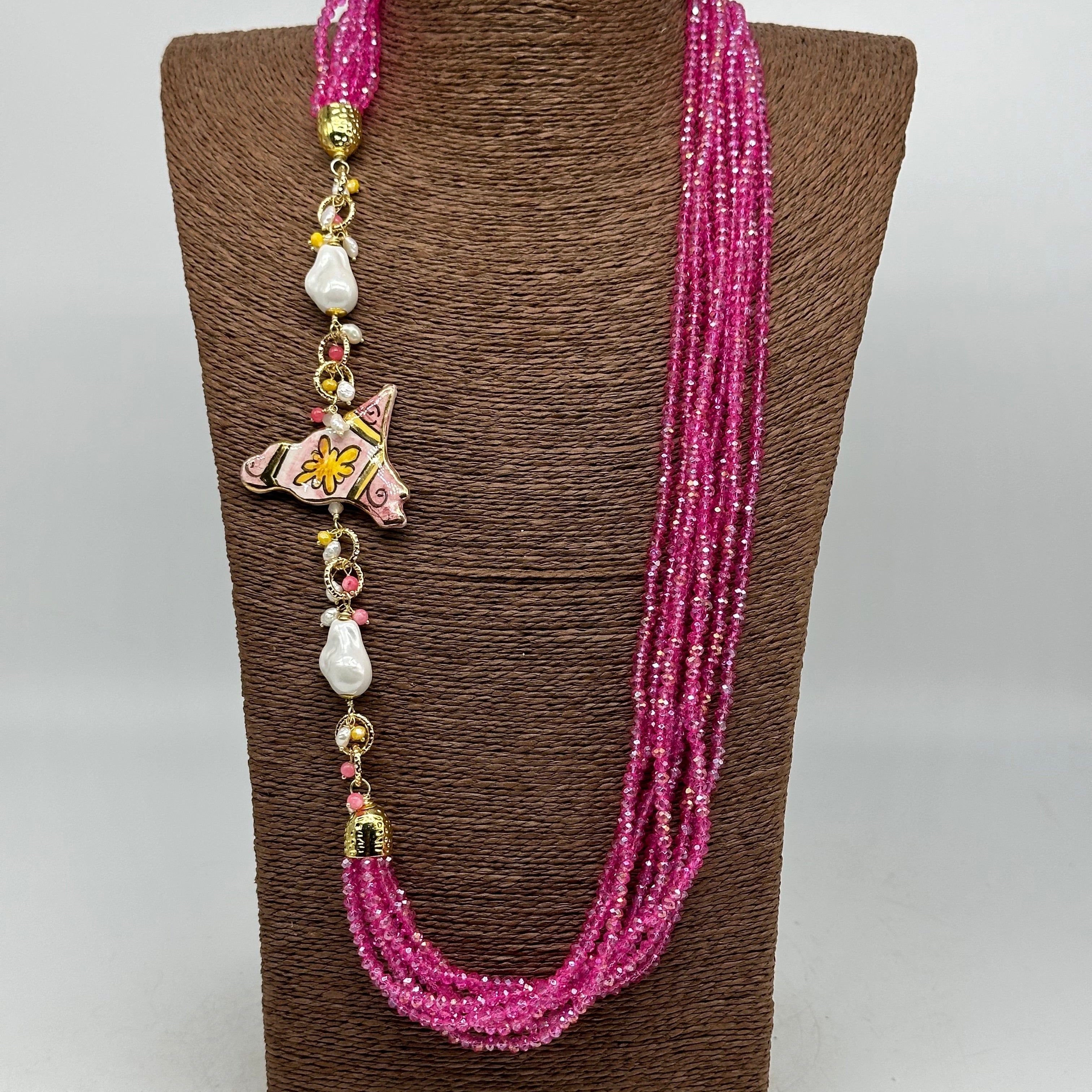 Collana multifilo di Pietre Rosa ciondolo Sicilia perle e pietre - COLLANA