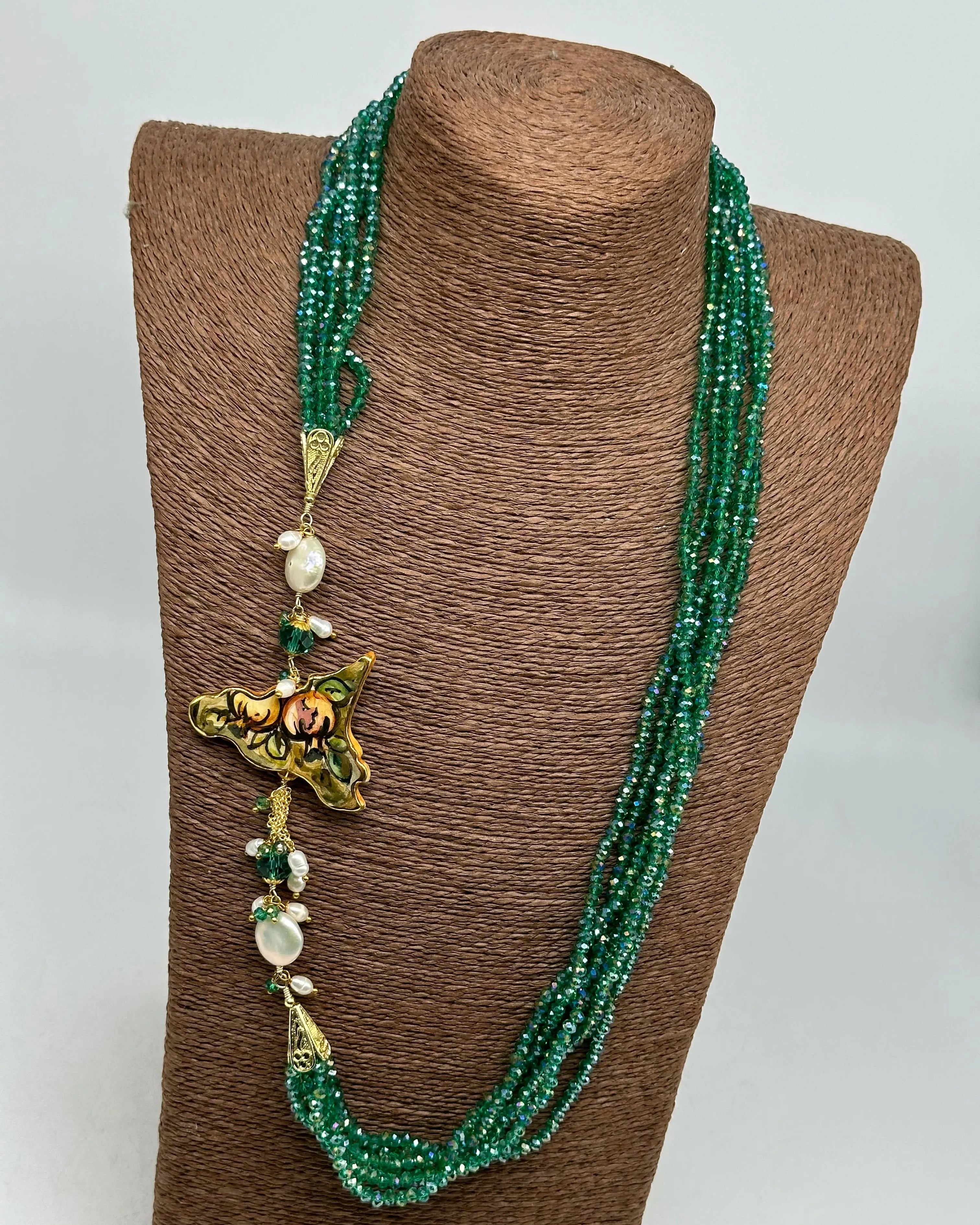 Collana multifilo di Pietre Verde, ciondolo Sicilia, perle e pietre DD CERAMICHE SICILIANE