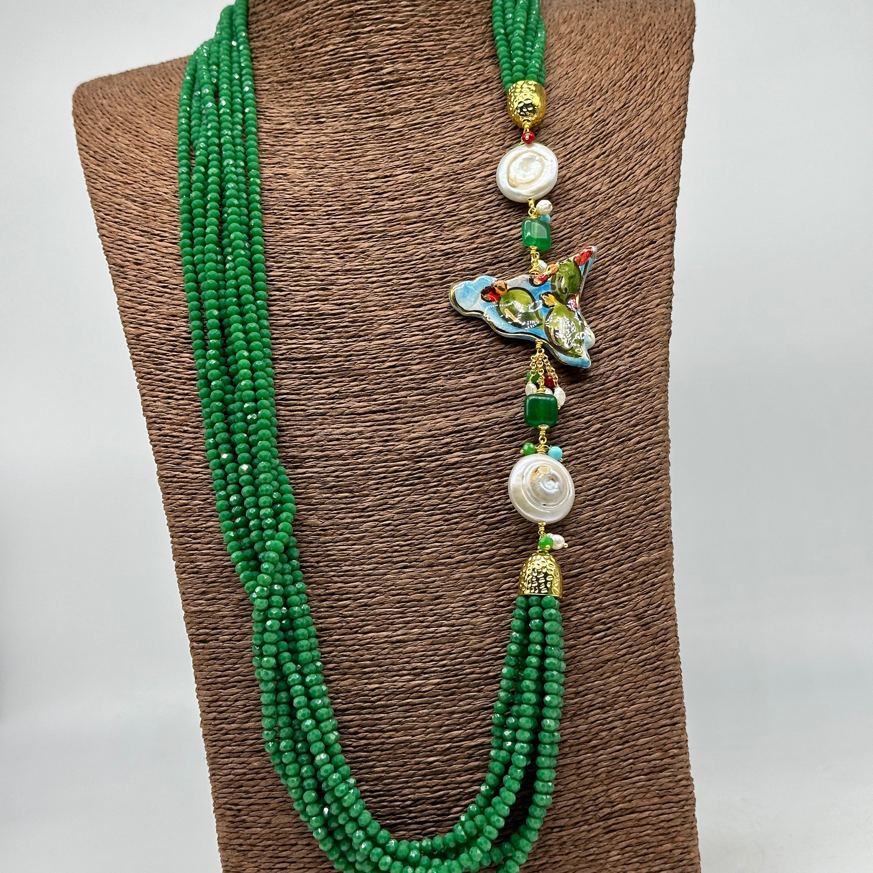 Collana Multifilo di Pietre Verde ciondolo Sicilia perle e pietre V.2 - BIJOUX